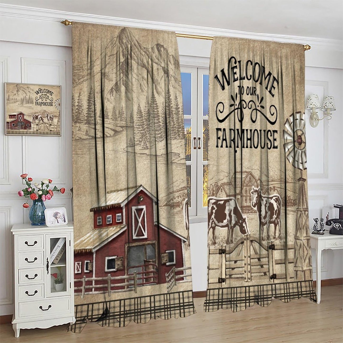 VUMIVI Farm Curtains Cows Windmill Fence Forest River Mountains Rustic Natural Landscape Rod Pocket Window Treatments for Bedroom Kitchen Living Dining Apartment Dorms Cafe 42" W X 44.5" L