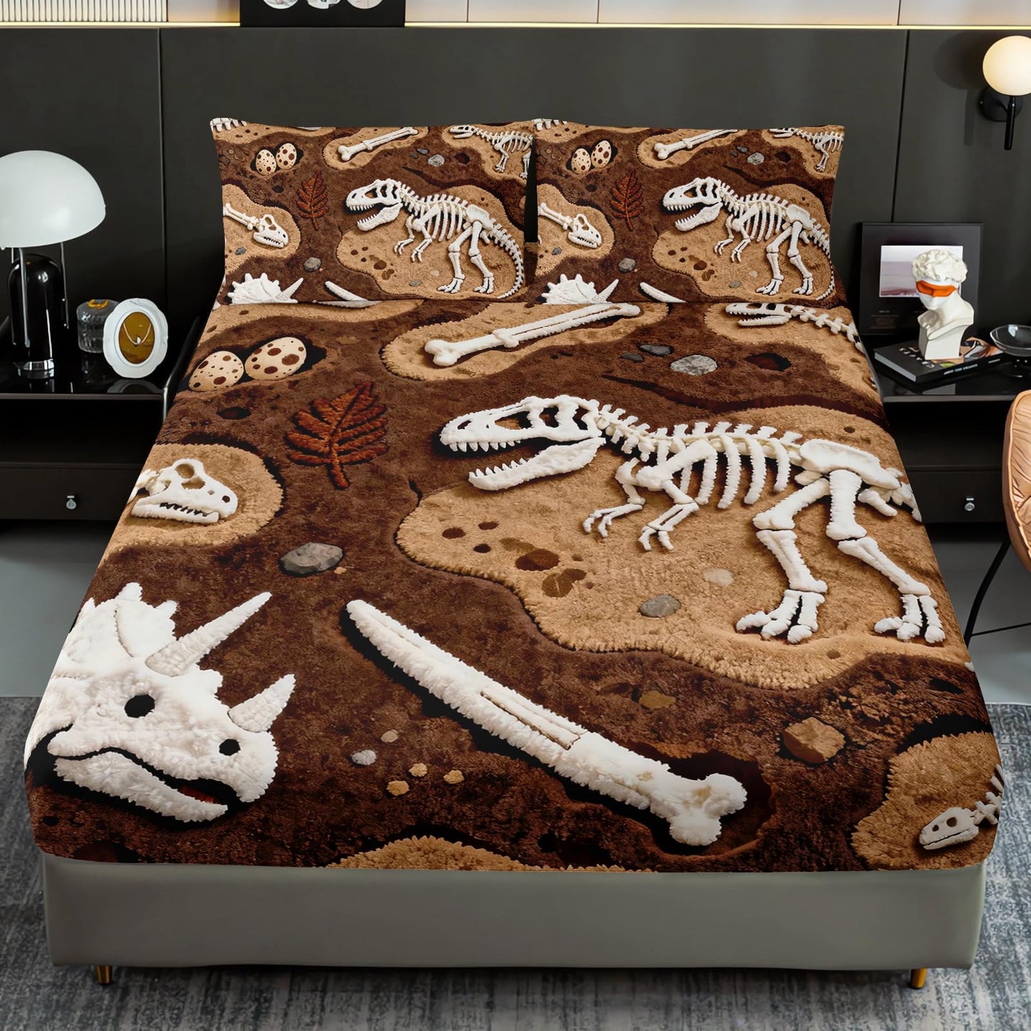 AILONEN Dinosaur Skeleton Print Twin XL Fitted Sheet Set for Kids - Boys Microfiber Sheets Set with Fossil and Bone Design for Dinosaur Lovers,2 Pillowcases