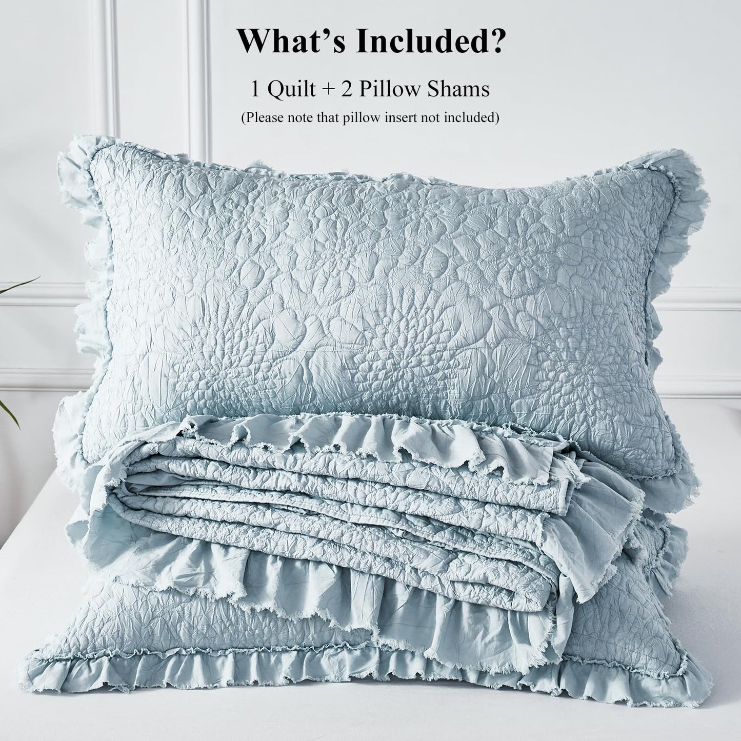 WINLIFE Queen Ruffled Quilt Bedding Set(90''x98''), Soft Stonewashed Bedspread Bedding Dusty Blue Floral Petal Pattern Crinkle Farmhouse Quilted Coverlet & Sets 3PCS for All Season