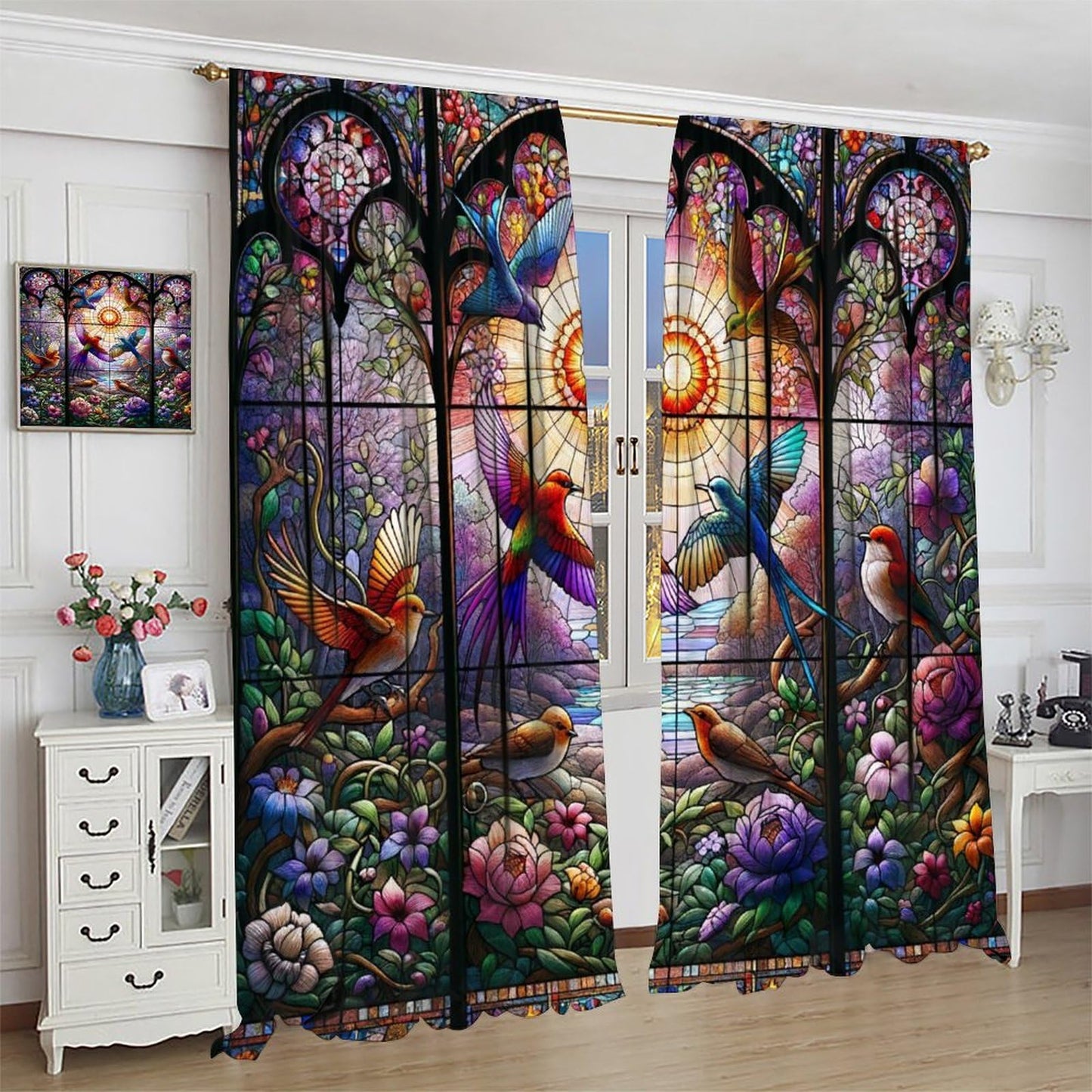 FengMingRui Hummingbird Stained Glass Curtains Nature Scenery Floral Flowers Bird Abstract Geometry Window Treatments for Kids Boys Girls Bedroom Living Room Window Drapes 42" W X 45" L