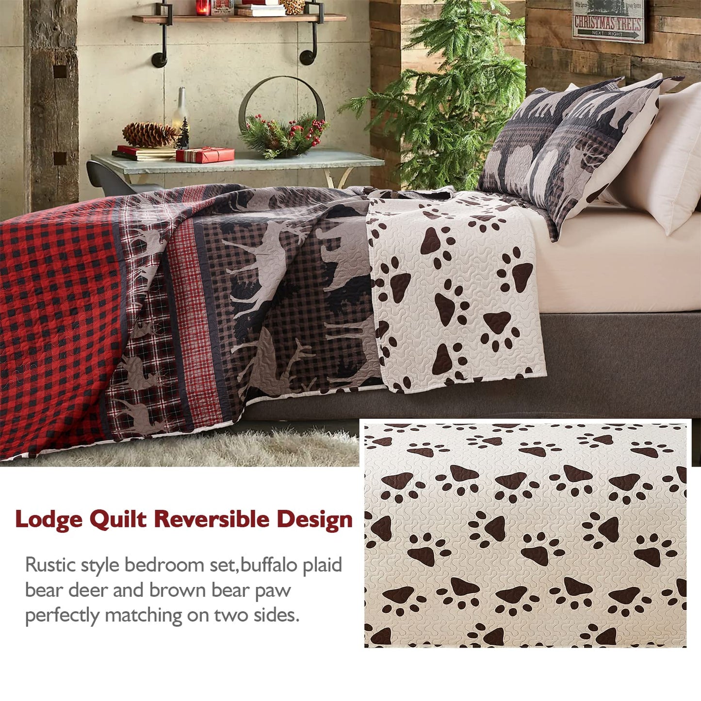 Queen Size Quilt Set Lodge Rustic Quilt Bedding Set Queen Size Bedspread Coverlet Lightweight Reversible Home Quilt Red Black Buffalo Plaid Quilt Bed Spread Country Cabin Forest Moose Bear Bedding