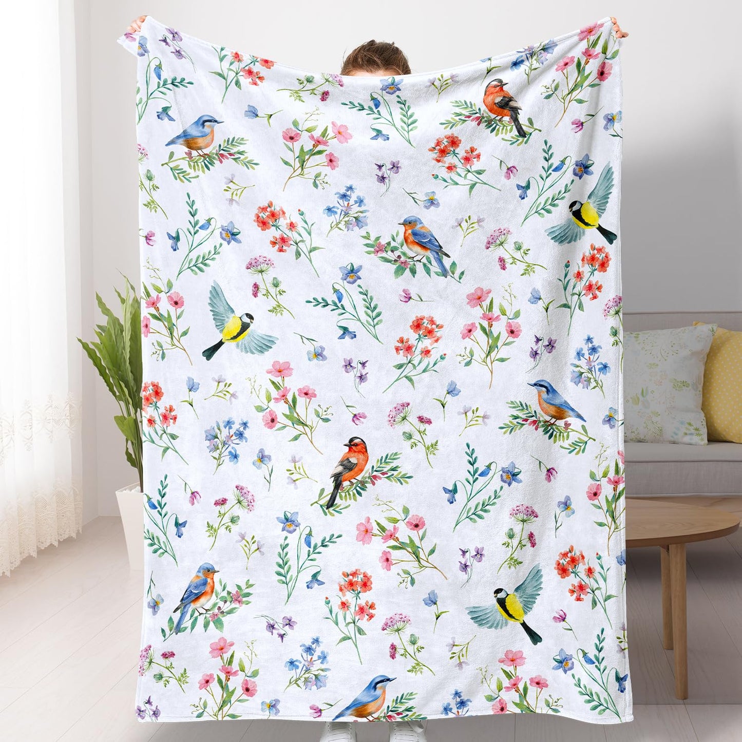 Floral Bird Blanket Ultra Soft Watercolor Flowers Throw Blankets Wildflower Flannel Fleece Throw Botanical Warm Cozy Fuzzy Plus Gifts Cabin Blanket for Bed Sofa, 50" X 60"