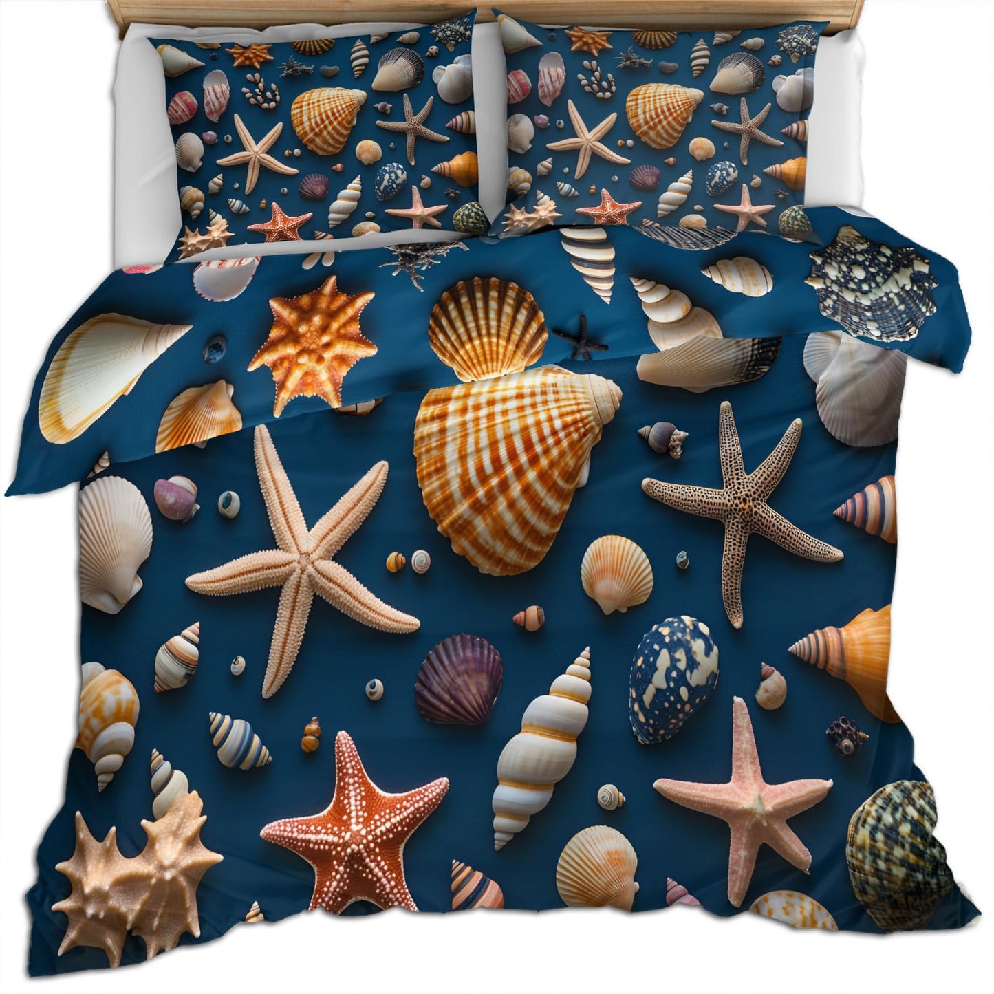 PAISUOQ Ocean Duvet Cover King, Deep Ocean Blue Comforter Cover with Zipper Ties, Shells & Starfish Bedding Set, 3 Pieces with 2 Pillow Cases, Home Decor & Gifts