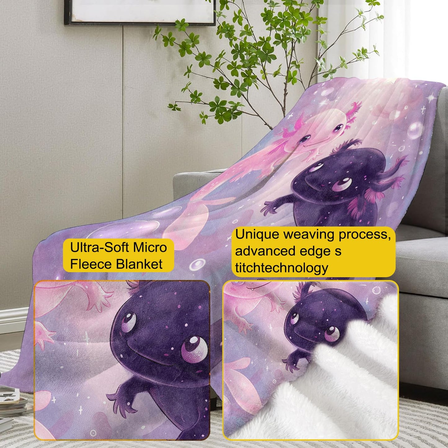 VANZEV Axolotl Blanket,Cute Axolotls Flannel Throw Blankets,Soft Warm Lightweight Cozy Plush Animal Dark Purple Throws for Bedroom Sofa Home Travel Decor Gifts for Women Girls 60"x50"