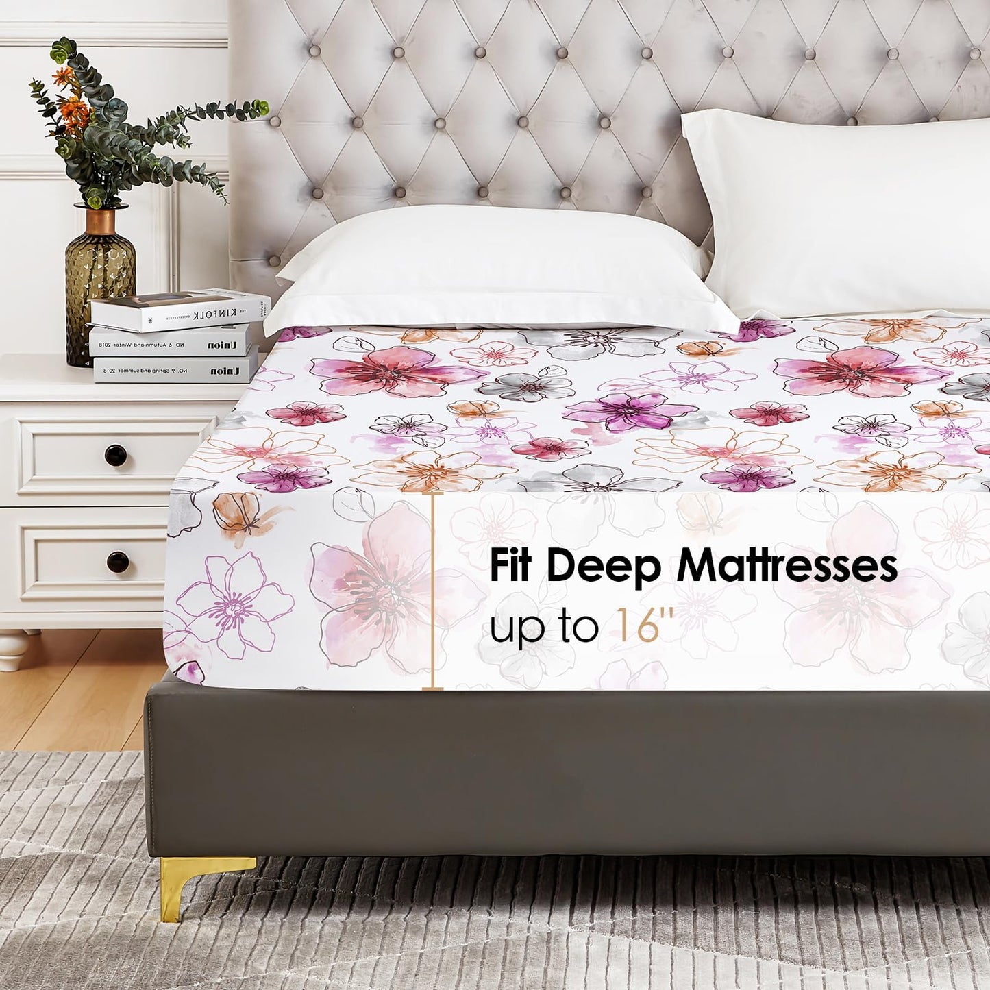 YIYEA Floral Fitted Sheet Only, Premium Double Brushed Microfiber Deep Pocket Fitted Sheet Queen Size, Ultra Soft Fitted Bottom Sheet, Shrinkage, Fade Resistant, Queen