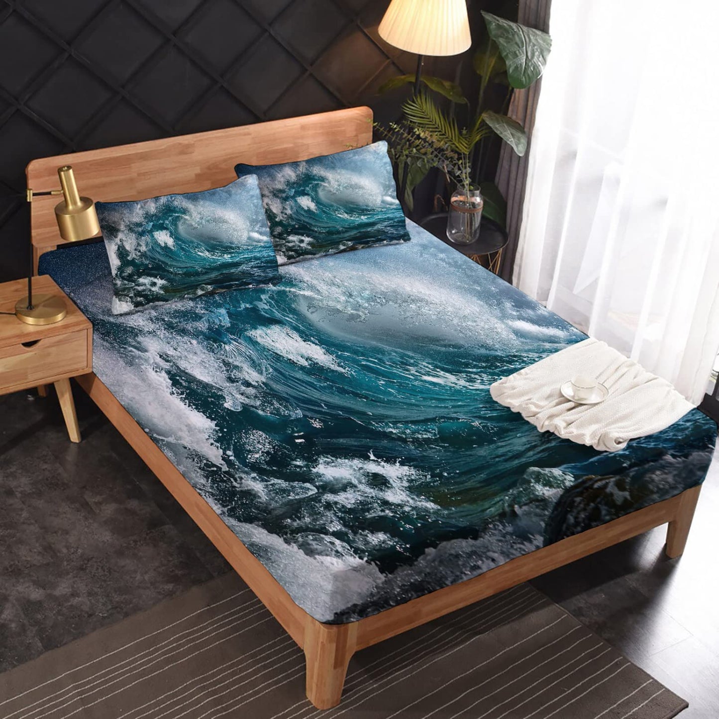 Ocean Waves Sheets Full Size, Nature Landscape Bed Sheets, Patterned Bedding Sheets & Pillowcases 4 Piece Set - Soft Microfiber Deep Pocket Fitted Sheet & Flat Sheet & 2 Pillow Cases