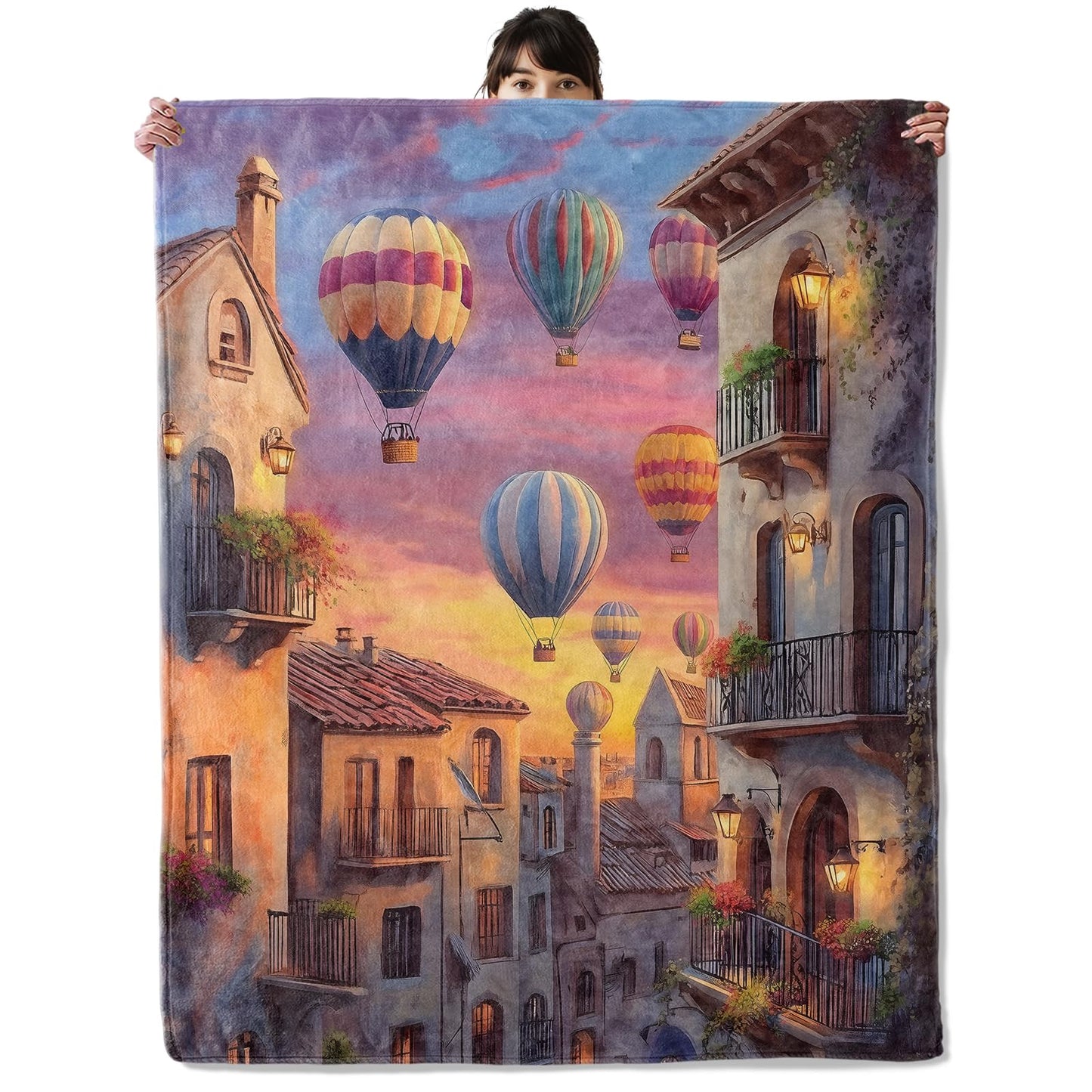 onlcuk Romantic Hot Air Balloon Blanket, Cozy Flannel Sunset Town View Throw Blanket, Soft Fuzzy Blankets for Travel Home Decor, All Season Lightweight Couch Bed Cover, Gifts for Women Adults 50"×60"