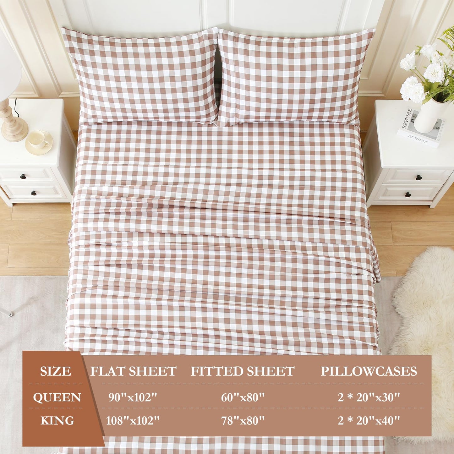 MICORAL Queen Sheet Set Tan Gingham Plaid, 4-Piece Brushed Microfiber Taupe Grid Bed Sheets, 16" Deep Pocket, Ultra Soft & Cooling Sheet, Oeko-TEX Certified, Light Brown