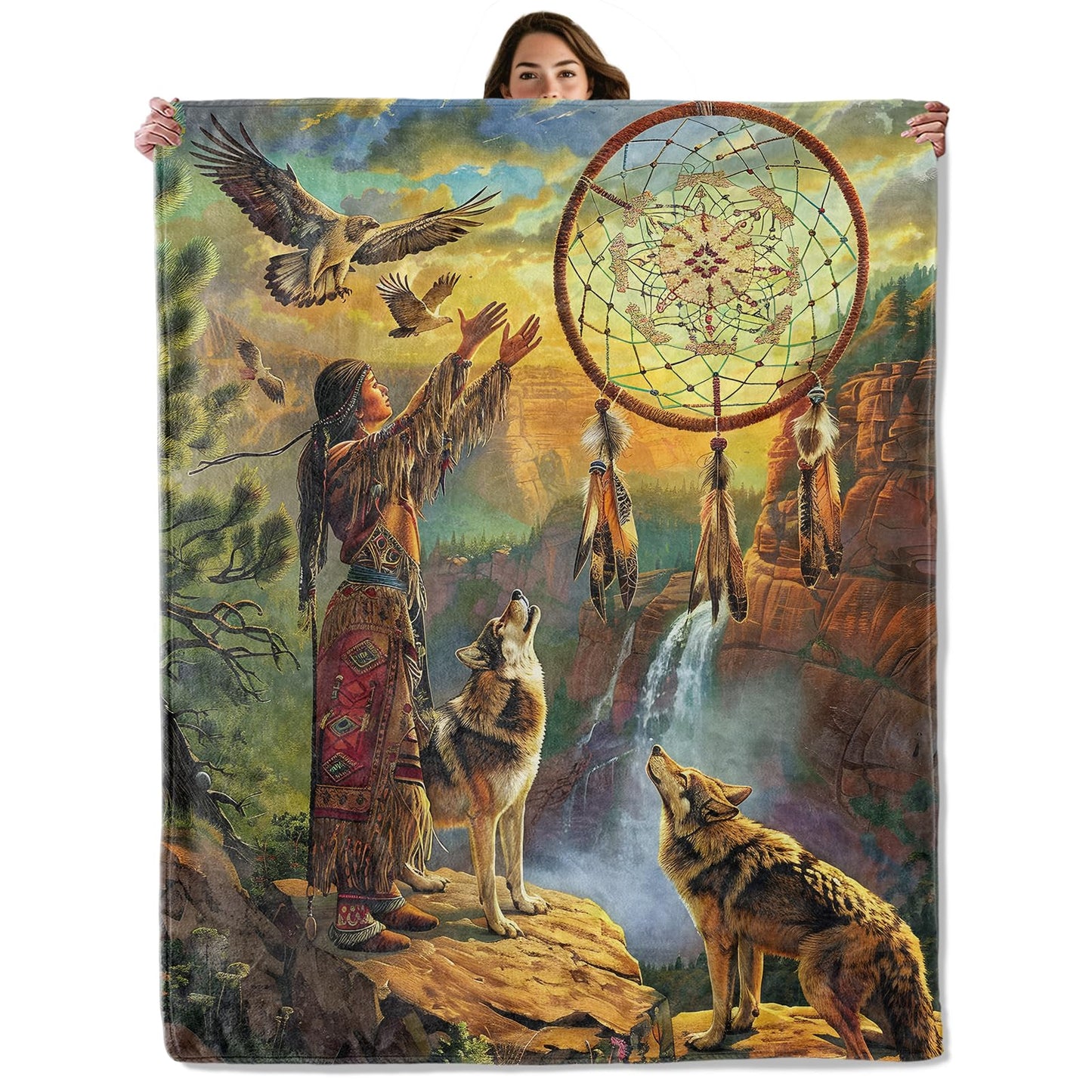 Native American Dreamcatcher Throw Blanket for Boys Girls Kids Adults Women, Fuzzy Warm Soft Cozy Flannel Blankets Gifts for Bedroom, Couch, Travel, Home Decor 50x60 in