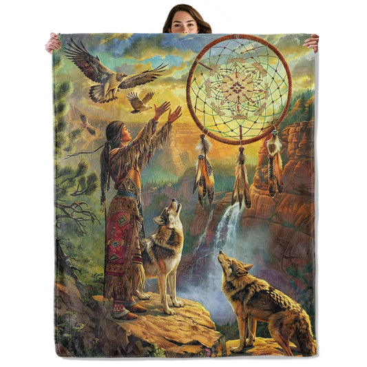 Native American Dreamcatcher Throw Blanket for Boys Girls Kids Adults Women, Fuzzy Warm Soft Cozy Flannel Blankets Gifts for Bedroom, Couch, Travel, Home Decor 50x60 in
