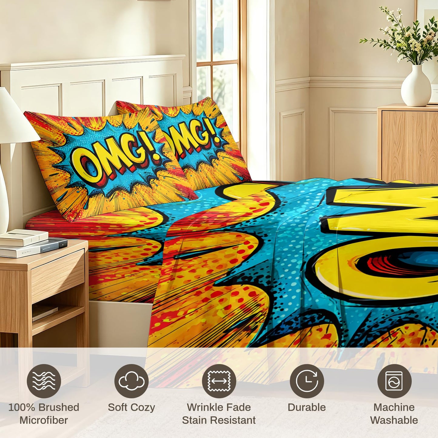 Kids OMG Sheet Set, 4 Pcs Queen Size Pop Art Bed Sheets