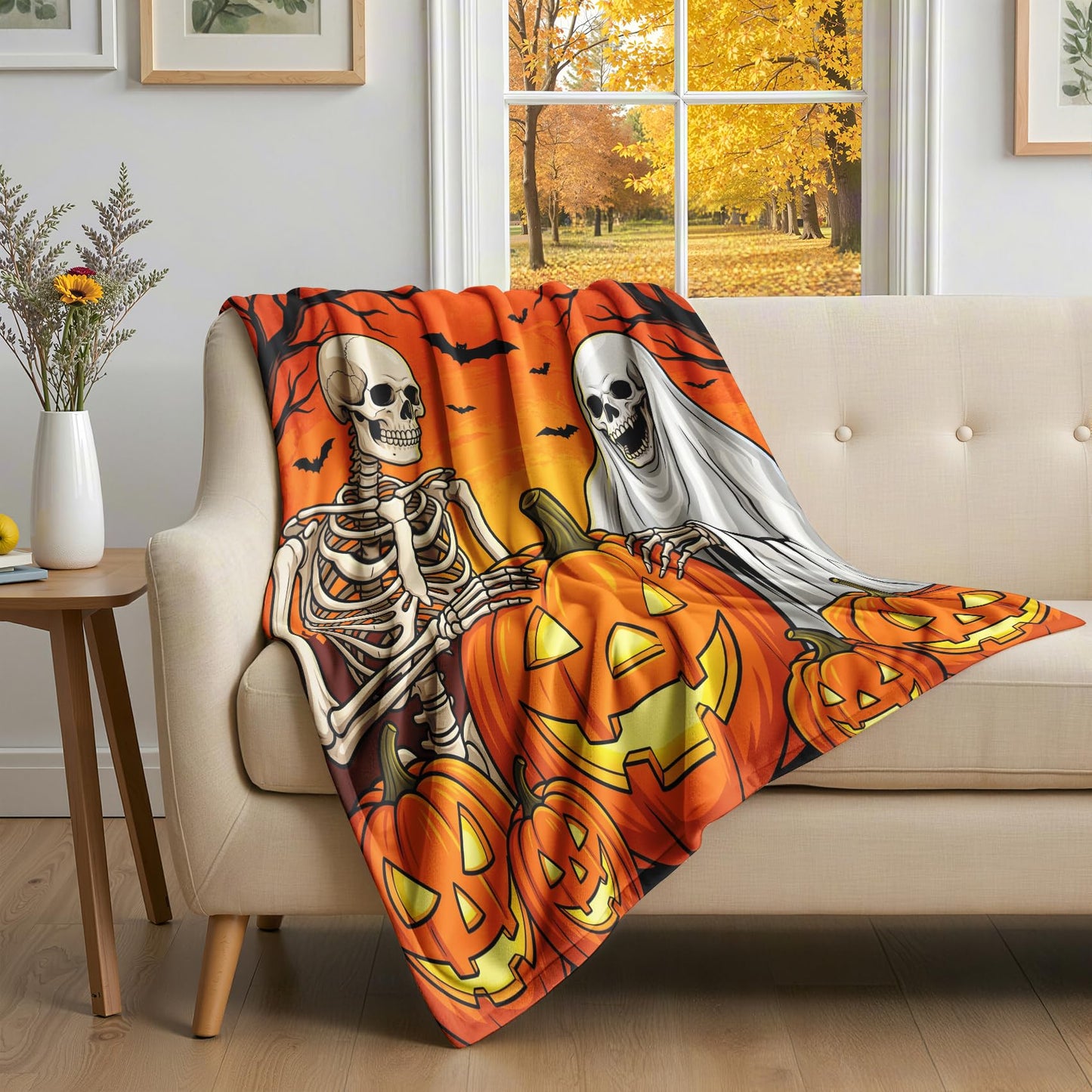 GEDAEUBA Halloween Throw Blanket for Bed - Spooky Ghost Skeleton Pumpkin Bat Fleece Blanket King Size, Soft Cozy Blankets & Throws for Couch, Bed, and Sofa, 90x108 inches