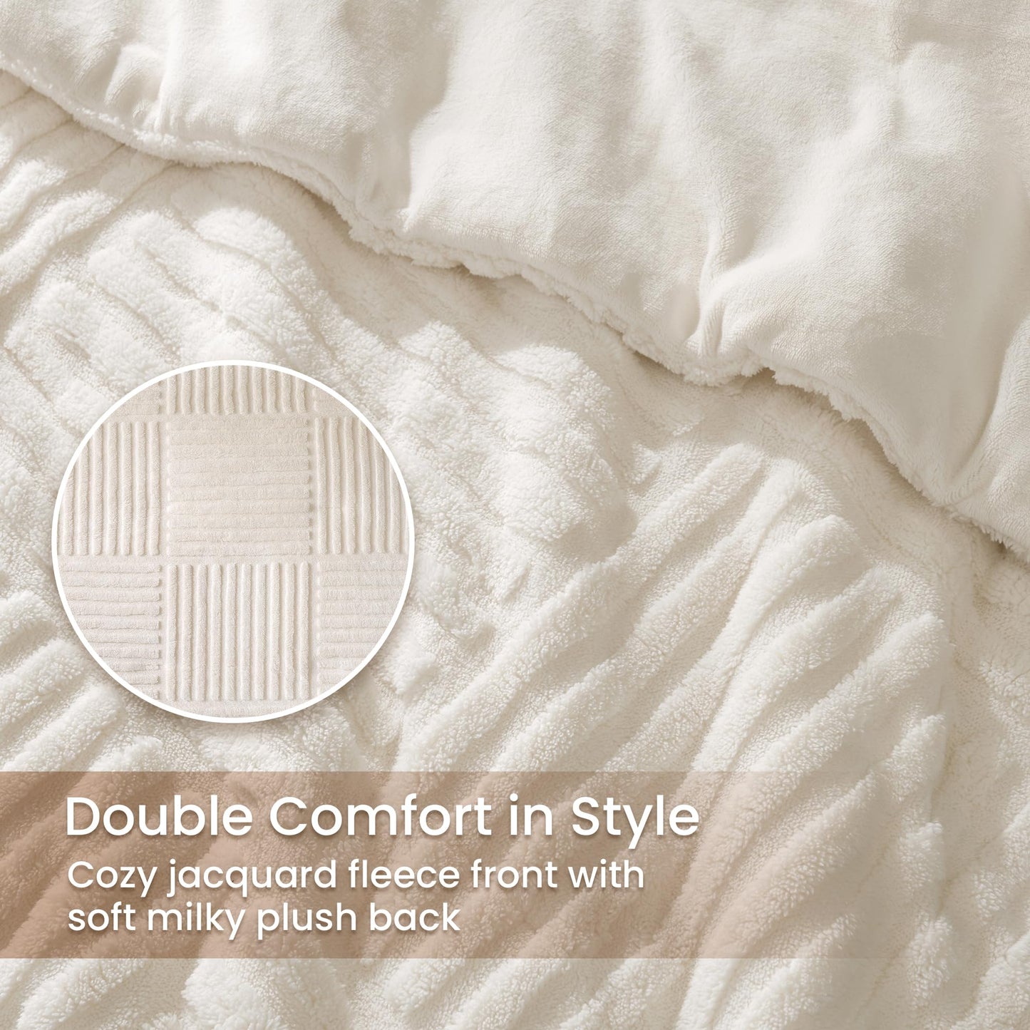 Amélie Home Fleece Comforter Set Queen Size, Beige Fleece Bedding Set with Stripe Jacquard, Soft Fluffy Bedding Set, 3 Pieces, 1 Warm Comforter and 2 Pillowcases