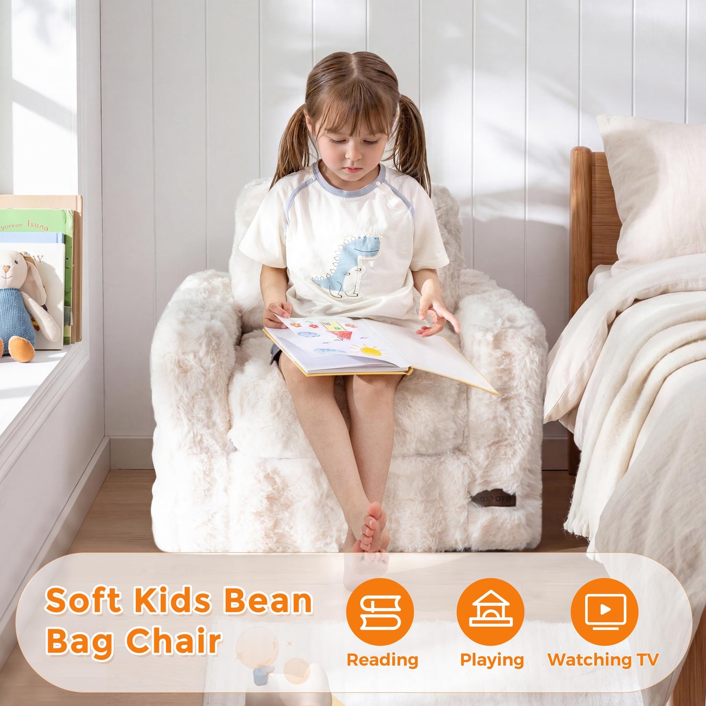 MAXYOYO Kids Bean Bag Chair, Comfy Bubble Fabric Bean Bag Sofa with Filler, Upholstered Floor Sofa with Pillows and Armrests, Lazy Floor Chair Couch for Boys and Girls, Beige, Single