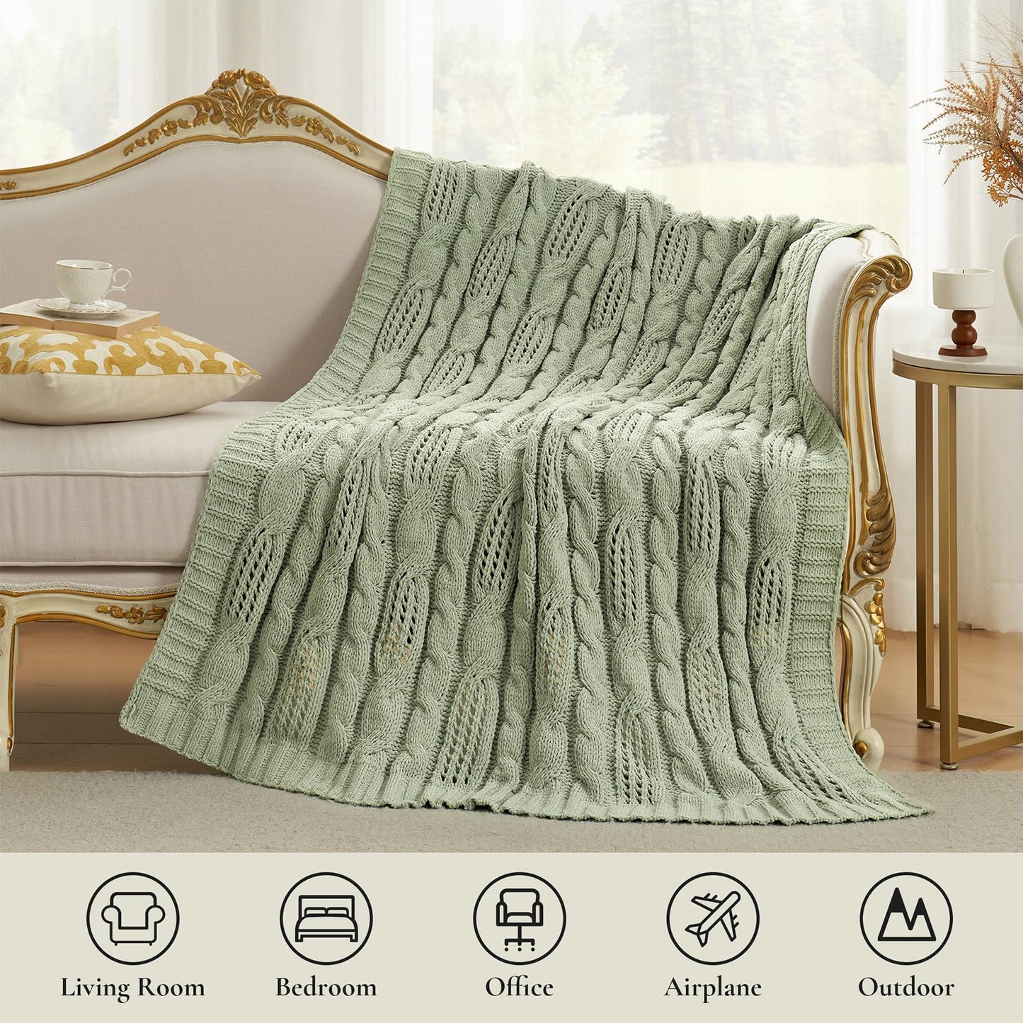 Amélie Home Chunky Knit Throw Blanket, Dual-Sided Soft Chenille Breathable Cable Knitted Blanket for Couch, Farmhouse Decorative Throw for Sofa & Chair, 50"x60", Sage Green
