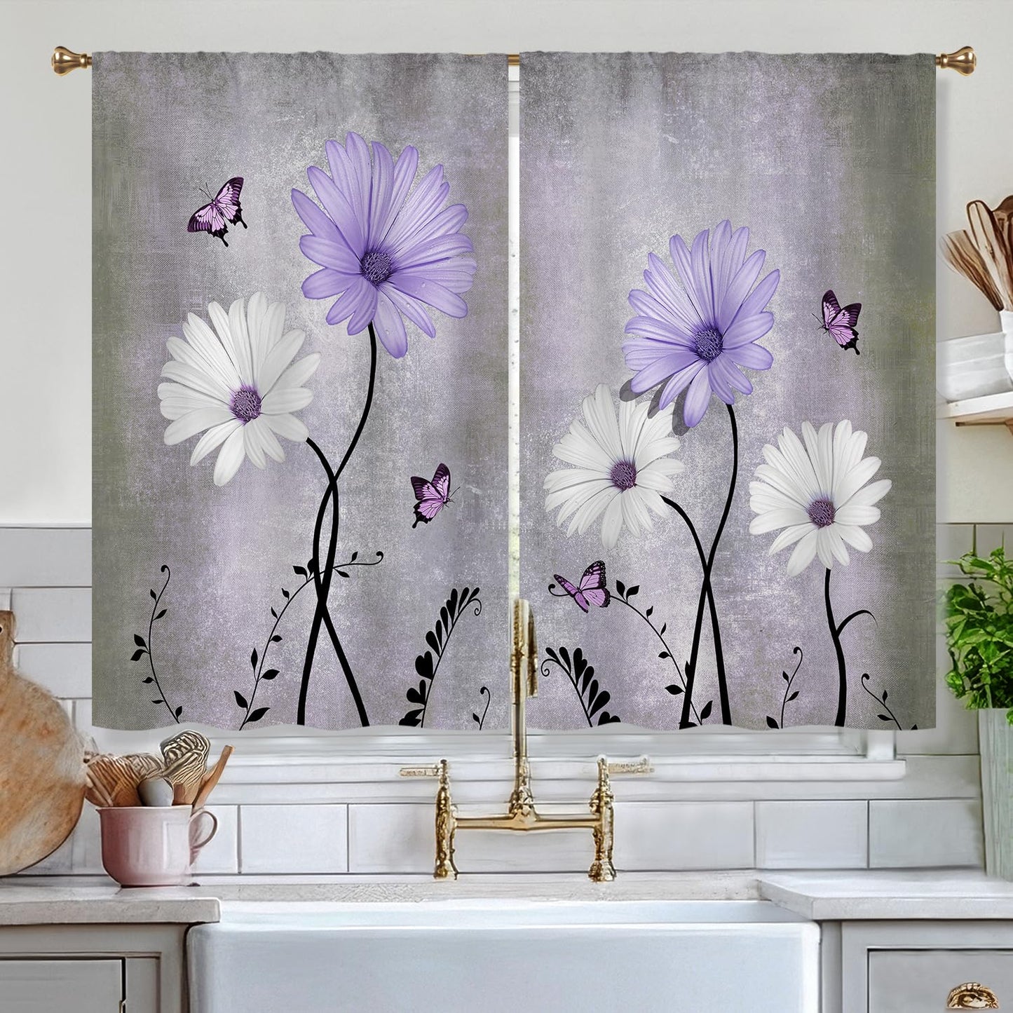 Cizuug Purple Daisy Rustic Farmhouse Kitchen Curtains Watercolor Floral Flower Small Short Cafe Window Curtains Butterfly Country Bathroom Drapes Treatment Tier Curtains 2 Panels