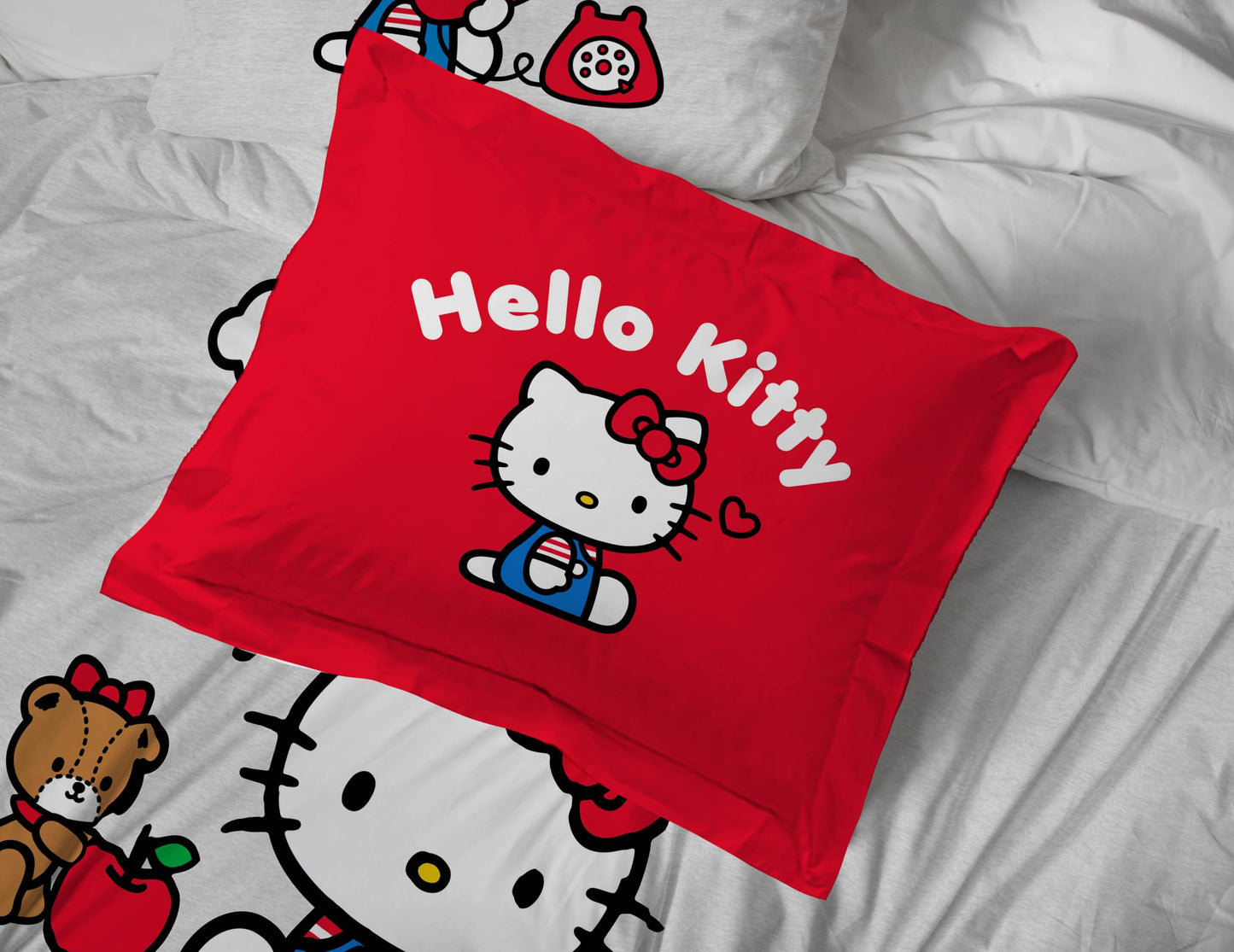 Jay Franco Sanrio Hello Kitty Queen Size Comforter Set - 7 Piece Red & Grey Bedding Includes Sheet Set & Pillow Covers - Super Soft Cozy Kawaii Bedding