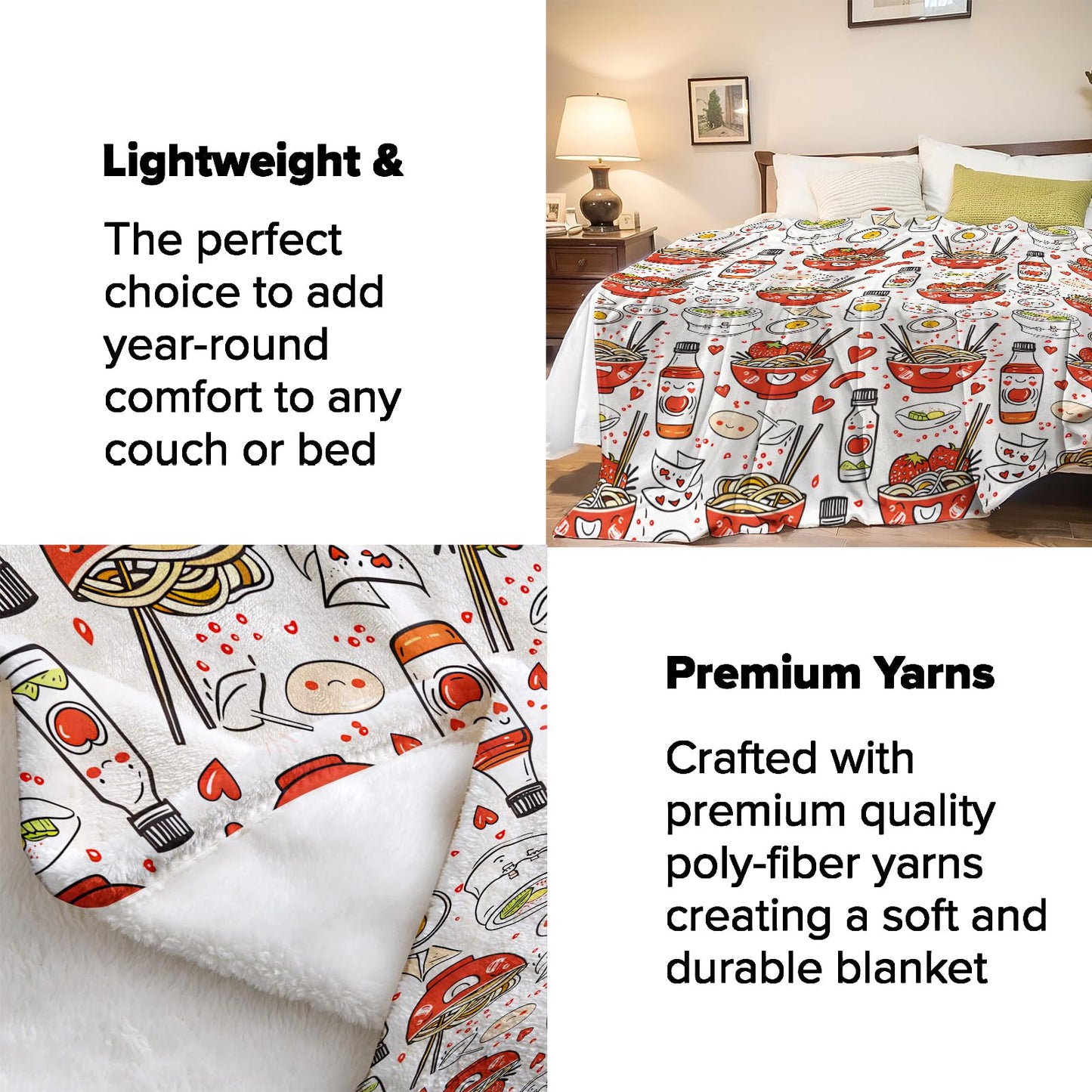 Ramen Noodles Throw Blanket for Adults Kids, 50x60 in, Food Theme Flannel Blankets for Bedroom, Couch, Travel, Home Decor, Fuzzy Soft Cozy Warm Gifts