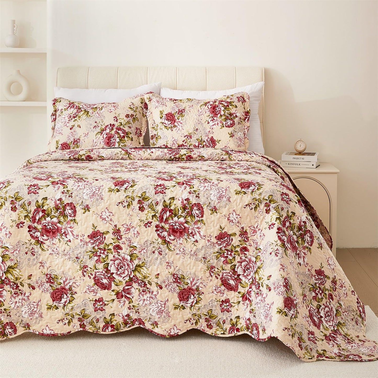 Cmfshape Summer Floral King Quilted Bedspread,Romantic Red Quilt Set,Reversible Stitched Bedding Cover All Season,Soft Lightweight Coverlet with Pillow Cases (Red Rose, King(102"x90"))