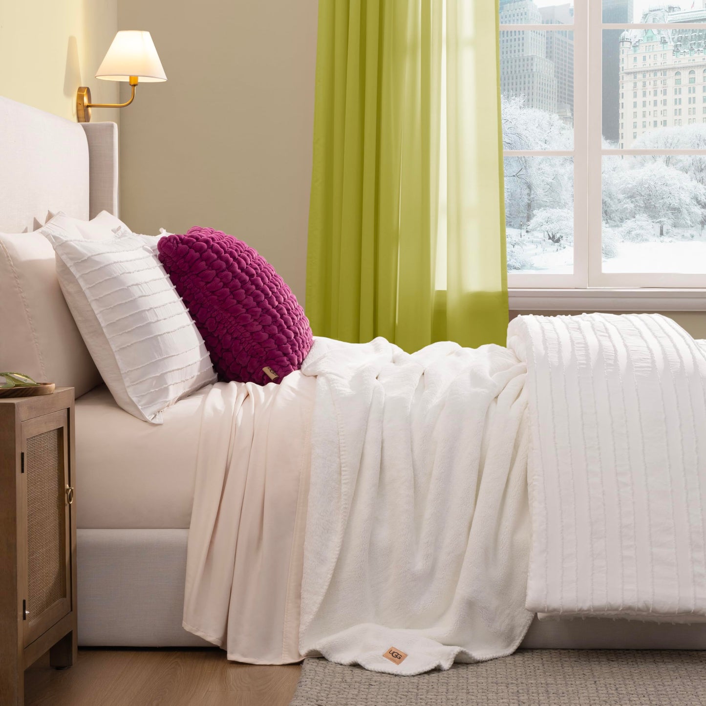 UGG Whitecap Full/Queen Blanket, Fleece Fluffy Blanket for Bed, Luxury Cozy Oversized Throw for Couch, Washable Hypoallergenic Queen Bedding, 90" x 90", White Snow