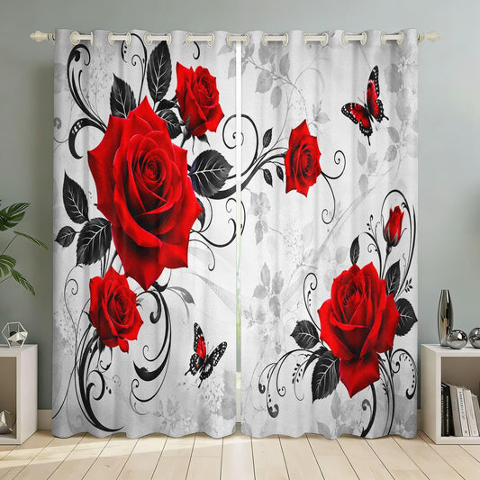 Blackout Curtains Grommet Top 2 Panels, 29.5"W x 45"L, Vintage Red Rose Black Vine Butterfly Window Drapes, Thermal Insulated Room Darkening Gothic Curtains for Living Room Bedroom Dining Room