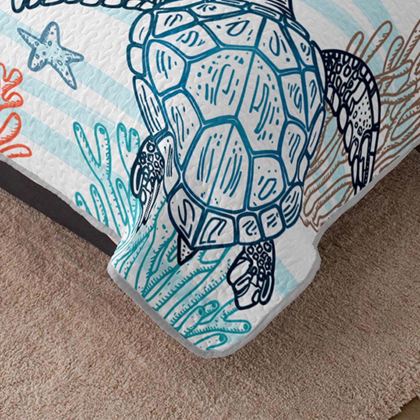 HOSIMA Sea Turtle Queen Size Bedding Set,Corals Jellyfish Starfish Pattern Lightweight Quilt,Ocean Themed Bedding for Beachy Room Decor Aesthetic with 2 Pillowcases.