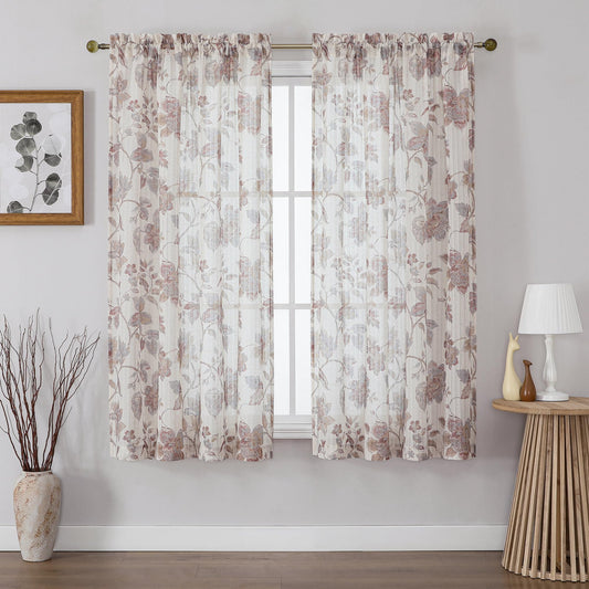 Lecloud Taupe Floral Sheer Curtains 63 Inch Length 2 Panels, Light Filtering Airy Vintage Flower Patterned Curtains for Living Room, Window Drapes for Bedroom Dining Room, Each Panel 52" W x 63" L