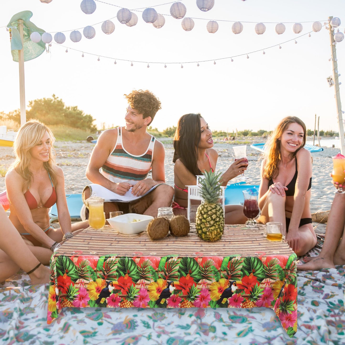 Kochorie 100 Ft X 54 Inch Hawaiian Luau Party Tablecloth Roll with Cutter Box, Disposable Plastic Hawaii Tiki Totem Table Cover, Aloha Tropical Floral Table Decorations for Summer Beach Pool Birthday