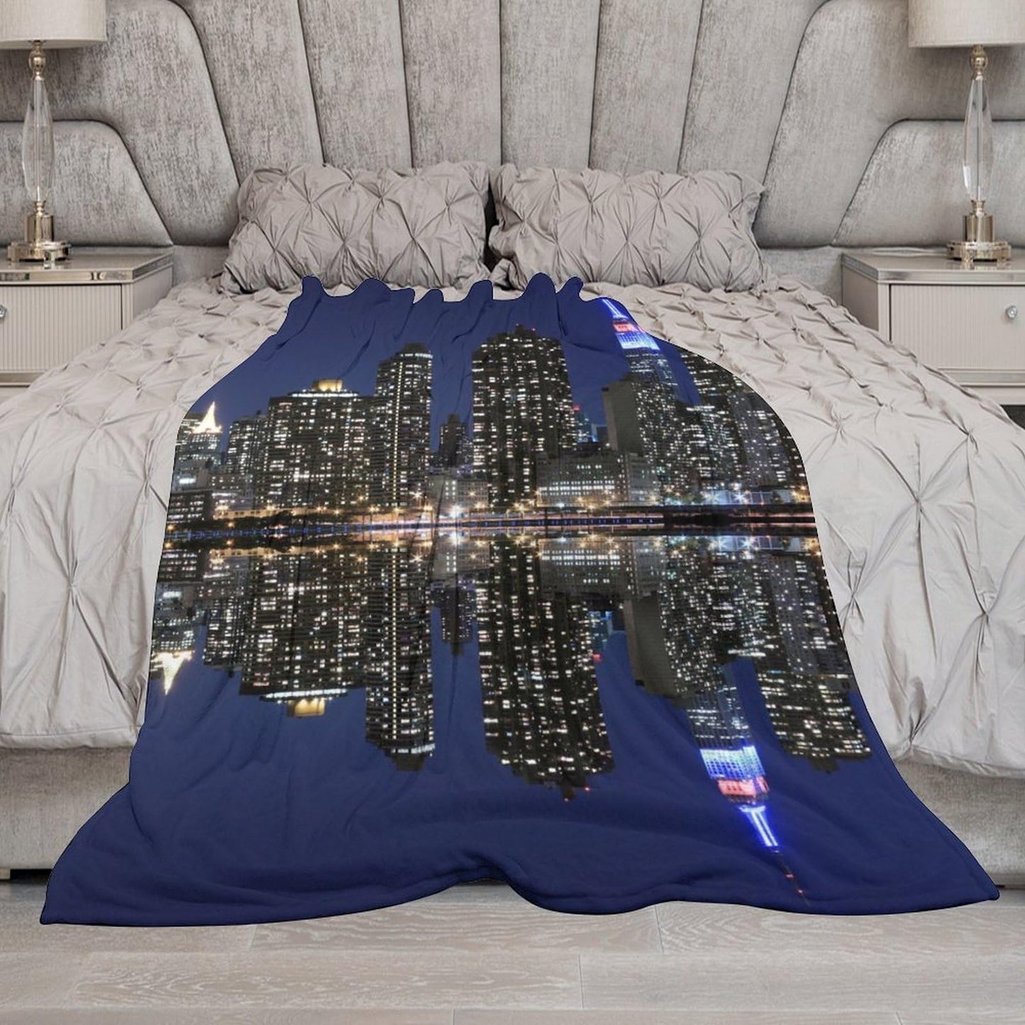 City Night Landscape Throw Blanket,New York Manhattan Cityscape Ocean Coast Scenery Pattern Soft Cozy Warm Flannel Blankets for Sofa Couch Bed Gifts for Lover Kids Boys Grils Women Adults 30x40 Inch