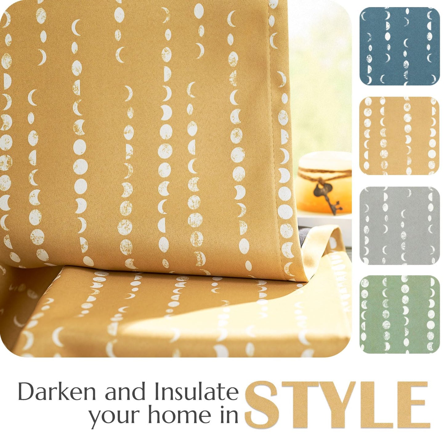 jinchan 95% Blackout Boho Curtains 84 Inches Long Mustard Moon Phases Printed Drapes Rod Pocket Thermal Insulated Curtains for Bedroom Nursery Yellow Window Drapes Curtain Set 2 Panels