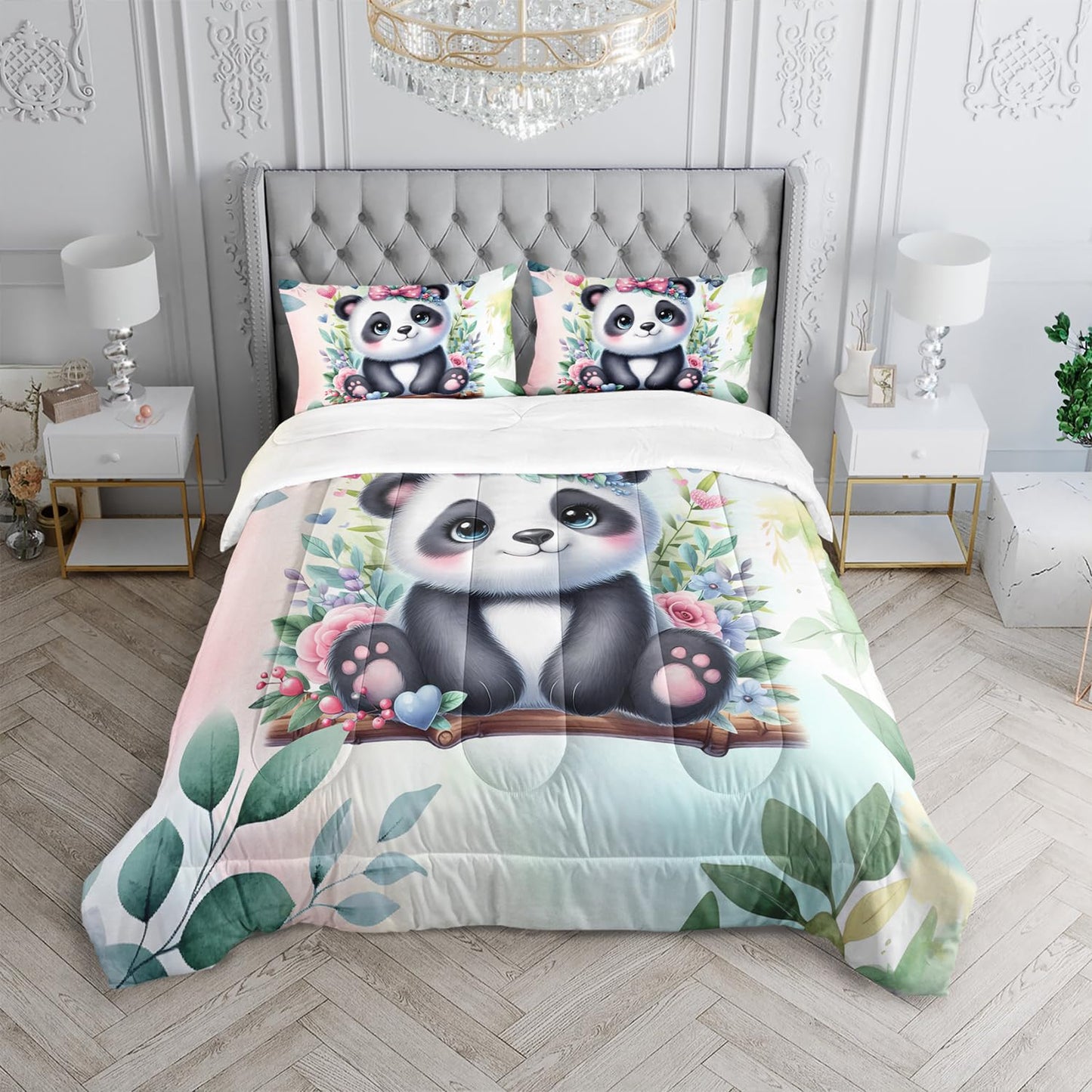 Kawaii Panda Comforter 3Pcs Twin Tie Dye Wildlife Flower Bear Bedding Set