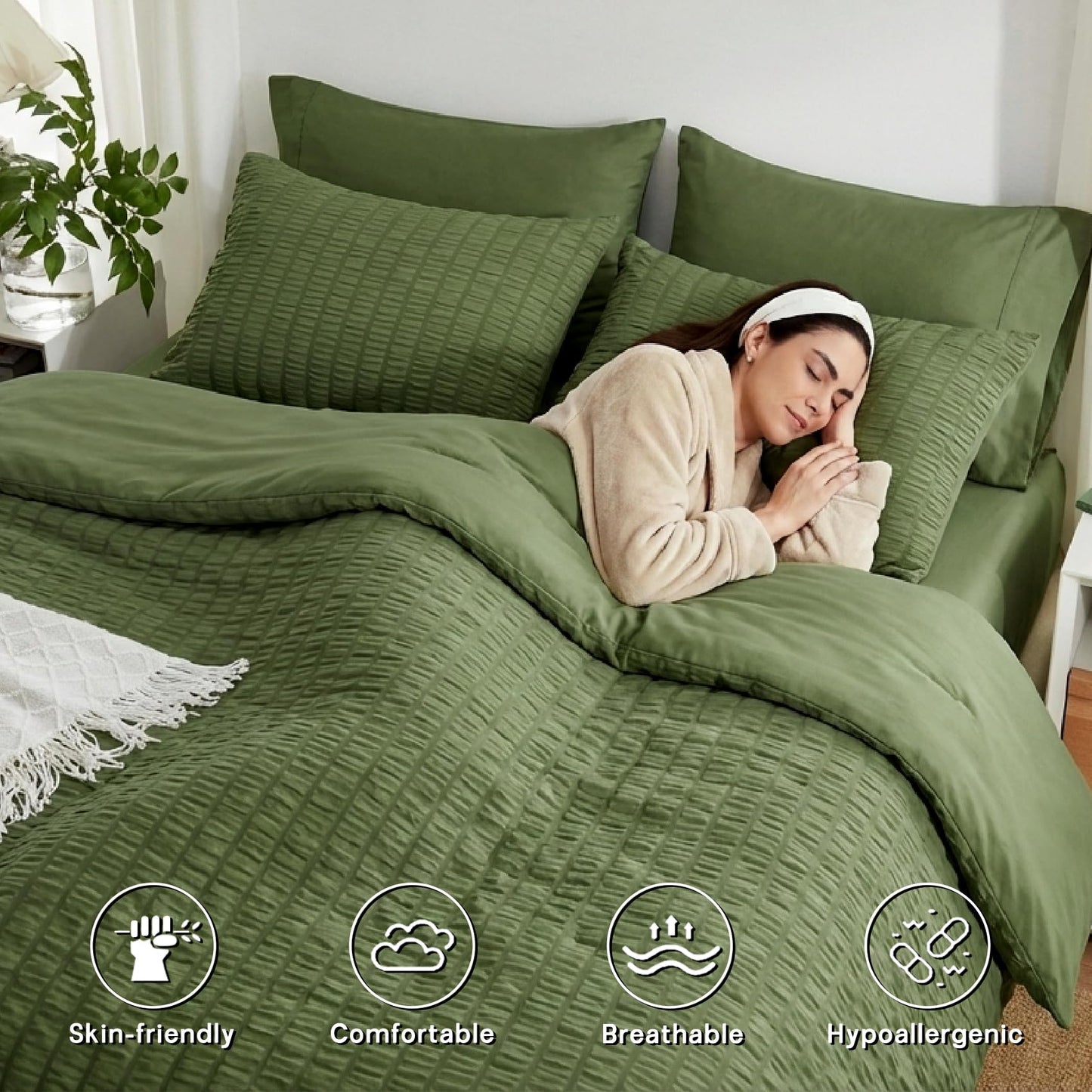 Zzlpp Queen Comforter Set 7 Pieces, Olive Green Seersucker Bed in a Bag with Comforter and Sheets, All Season Bedding Sets with 1 Comforter, 2 Pillow Shams, 2 Pillowcases, 1 Flat Sheet