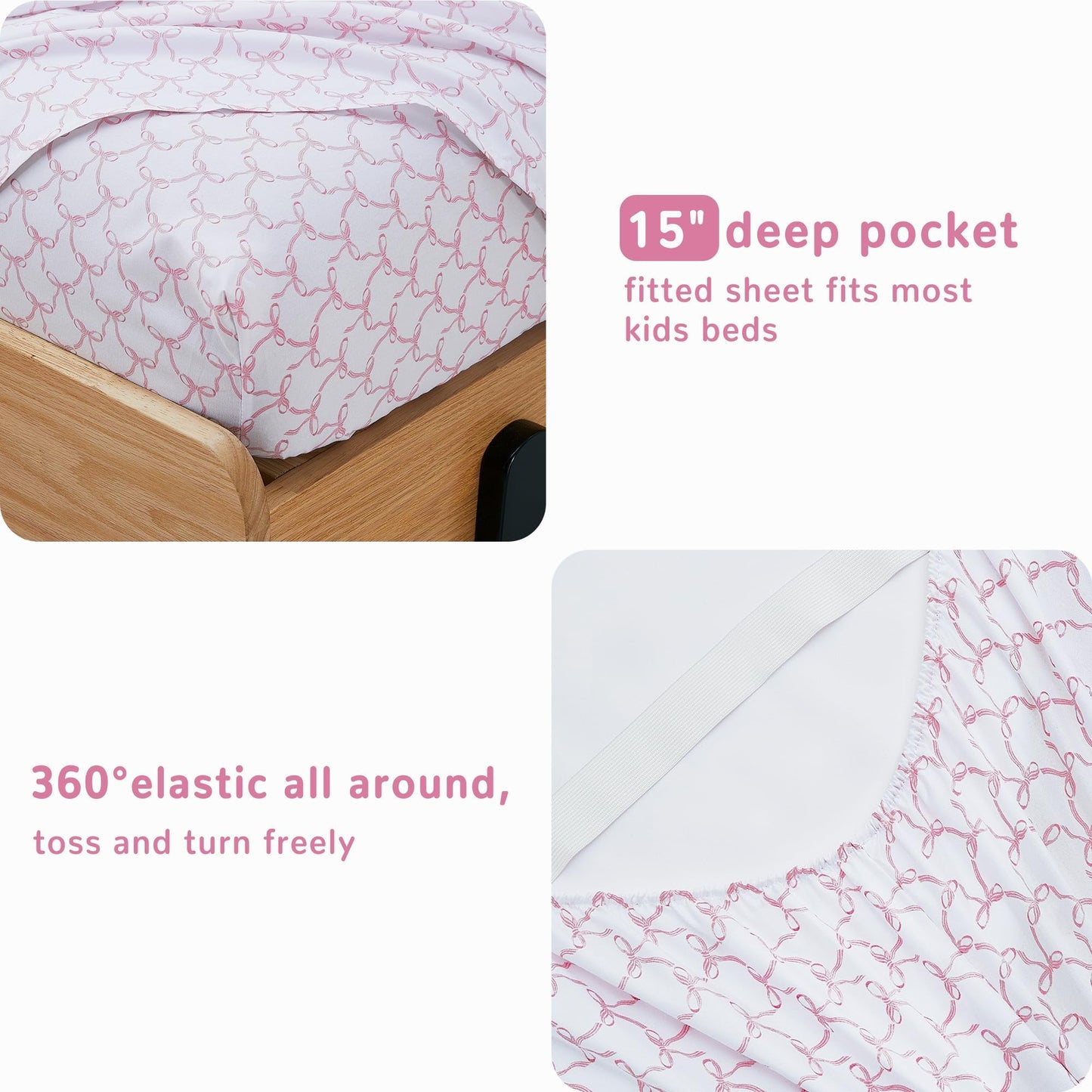 Softan Kids Bed Sheet Set, Girls Twin Size Kids Sheets, Microfiber Fitted Sheet and Pillowcase, Breathable and Silky Soft, 3 Piece Pink Bowknot Printed Twin Bed Sheet