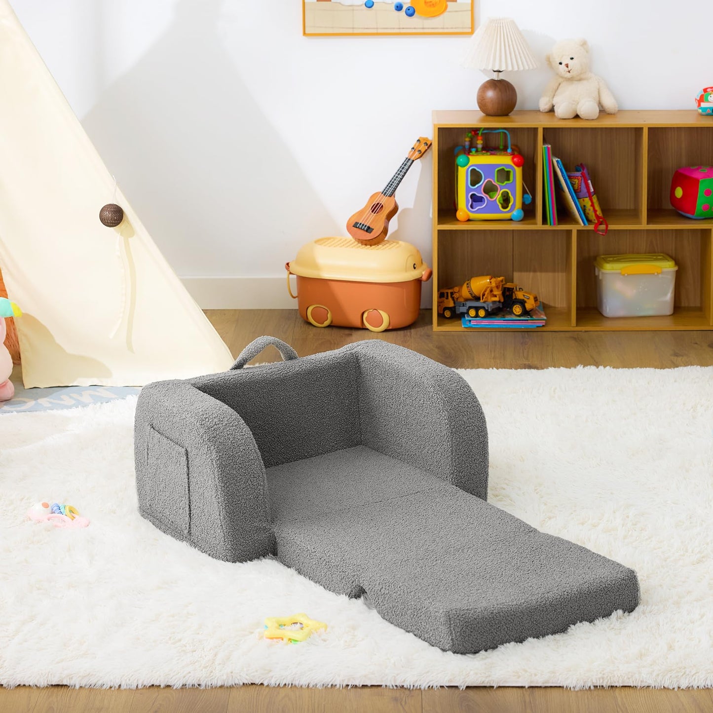 MuaMelop Toddler Couch, 2-in-1 Toddler Chairs Comfy 1-3 Years Old, Toddler Chair for Girls and Boys, Kids Couch Bed Fold Out, Convertible Baby Sofa to Lounge Chair for Playing, Reading, Napping, Grey