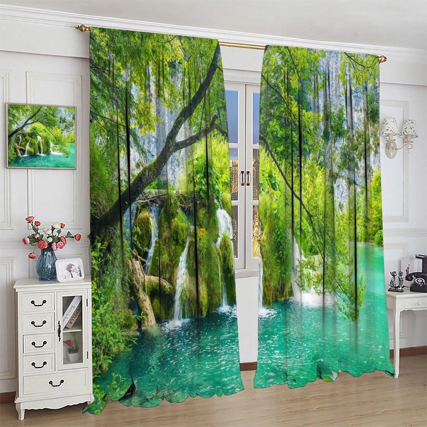 Nanacur Forest Waterfall Curtains, Nature Natural Scenery Rod Pocket Window Treatment for Living Bedroom Office Cafe Kitchen Drapes 41" W X 45" L (No Blackout)