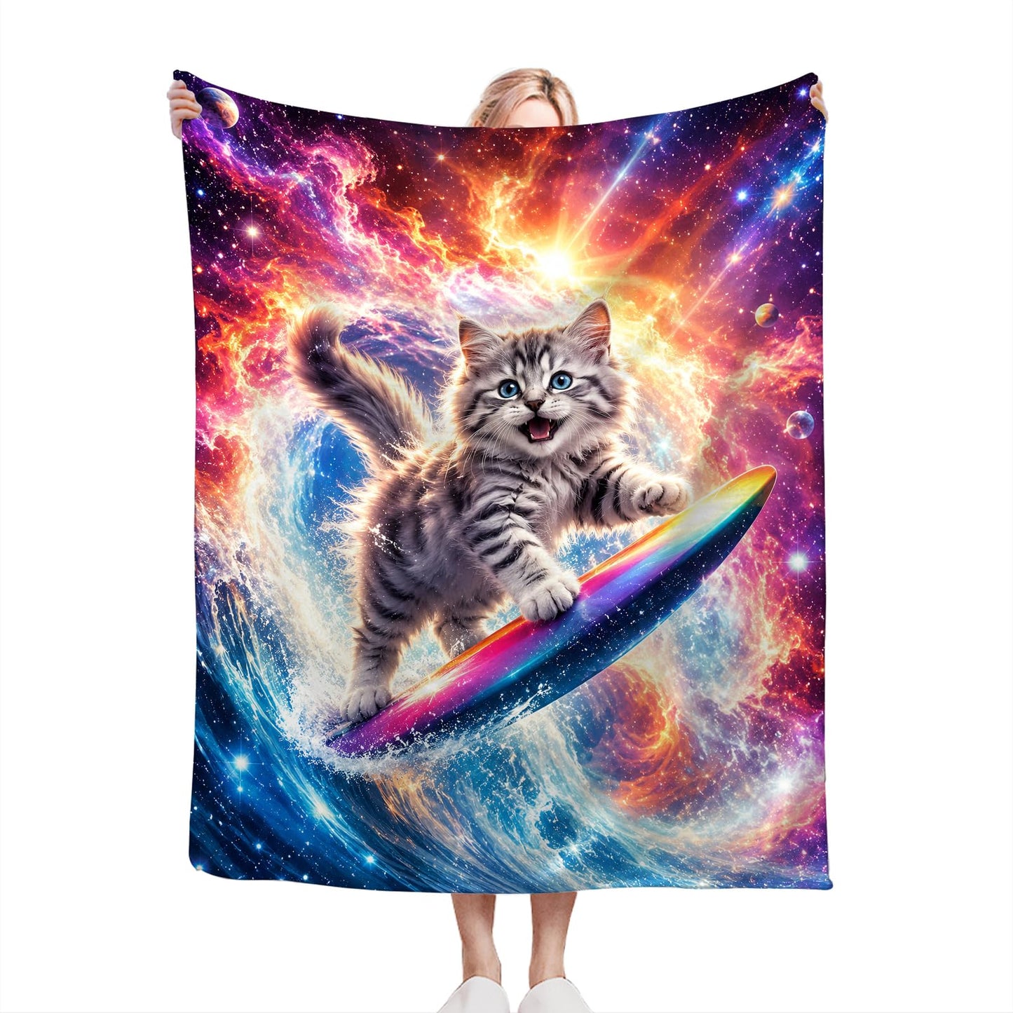 Funny Cat Blanket Soft Fuzzy Fleece Galaxy Space Surfing Kitten Throw Blankets Decor Cozy Warm Plush Flannel Blanket Gifts for Girls Women Kids Adults Home Decor Stuff Sofa Couch Bed 50"X40"
