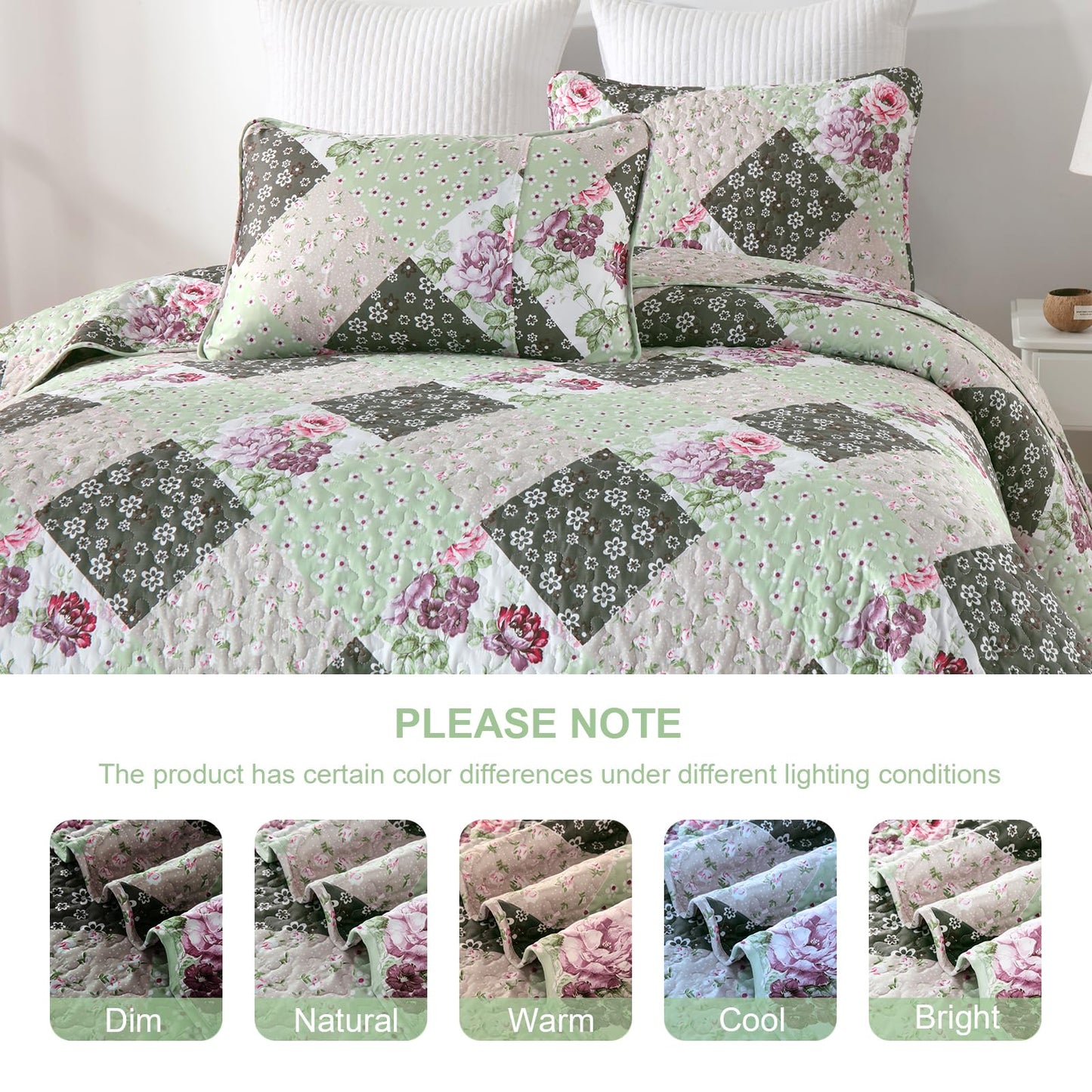 Dinjoy Floral Plaid Patchwork Quilt Set King Size, Reversible Green Bedding Set Soft Microfiber Lightweight Bedspread Coverlet 3 Piece Fall Autumn Summer Use (110x90 inches)