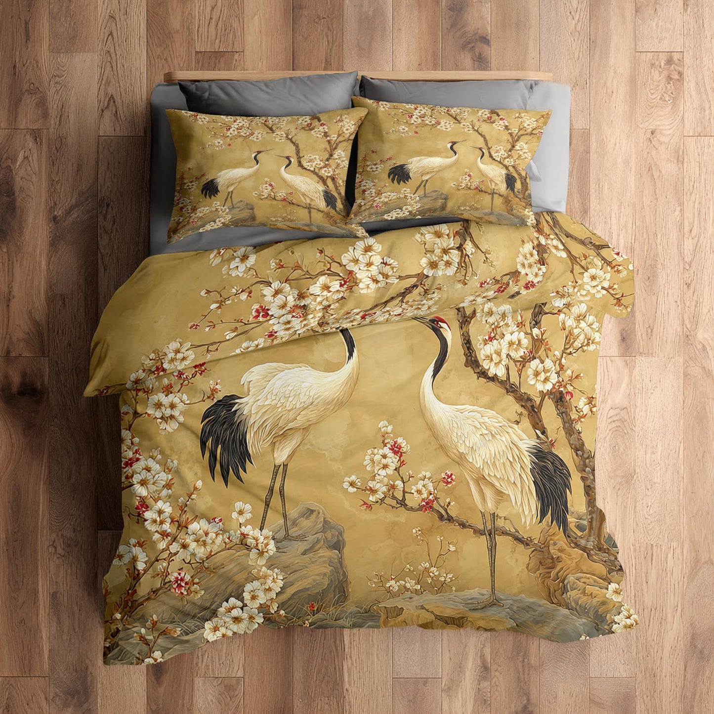 FJWXCBD Japanese Crane Duvet Cover King Size, Cherry Blossom Pattern Bedding Set 3 Piece for Bedroom Decor, Asian Oriental Duvet Cover & 2 Pillow Shams, with Zipper & Ties, Super Soft Microfiber