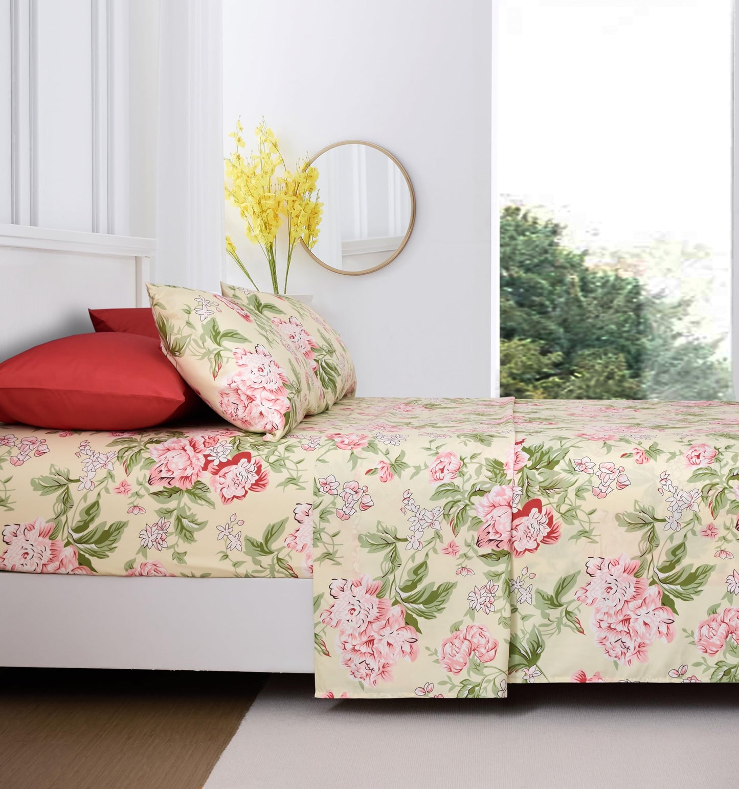 Spirit Linen home 6-Piece King Size Bed Sheet Set - Deep Pocket, Floral Pattern, Soft and Breathable Bed Sheets, Microfiber Material, Includes 1 Fitted, 1 Flat, 4 Pillowcases - Rose Floral Design
