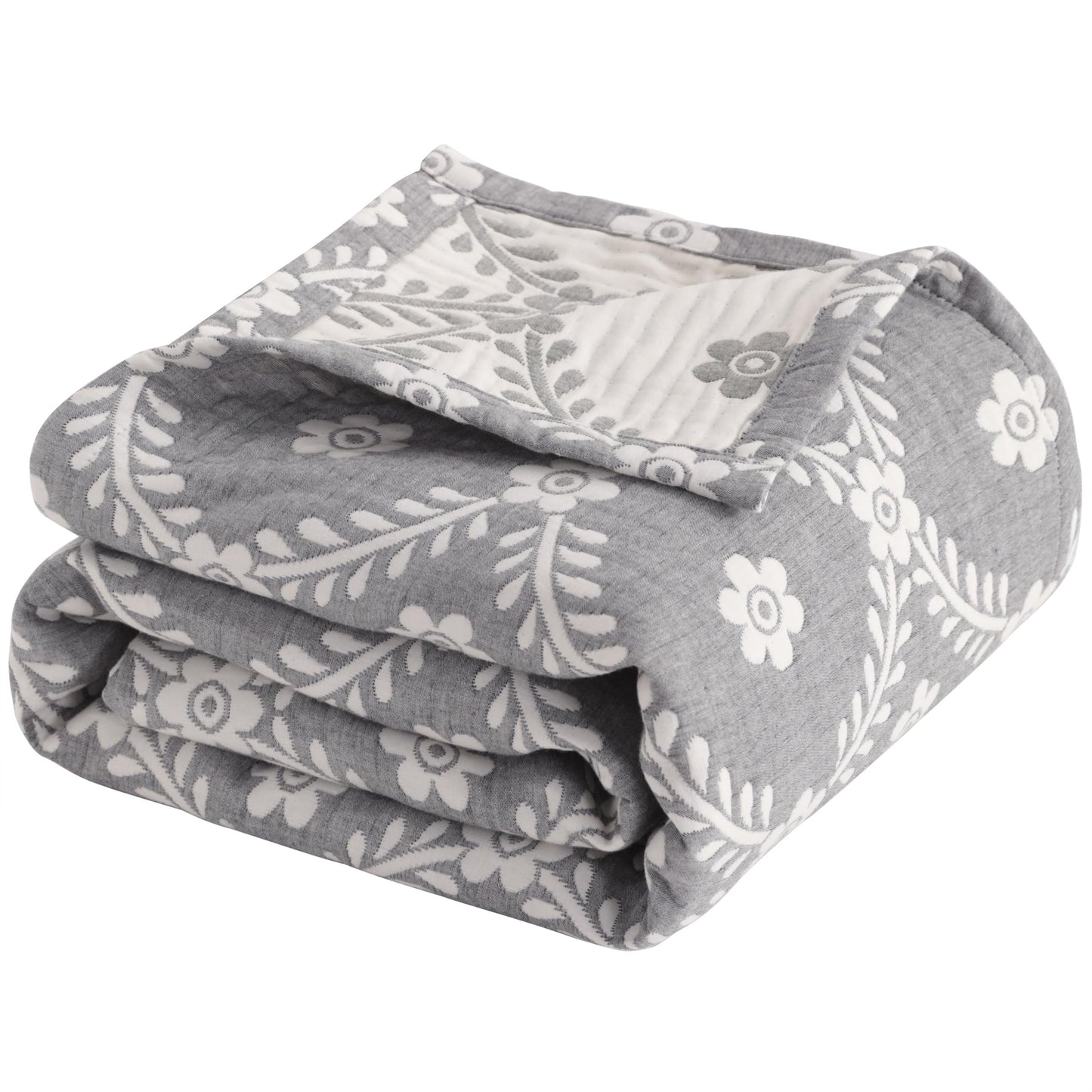 NTBAY 3 Layers Cotton Muslin 106x92 King Bed Blanket, Super Soft Breathable Thermal Yarn Dyed Quilt for Adults, Perfect Lightweight Blanket for Couch Sofa Bed All Seasons, Grey Garlands