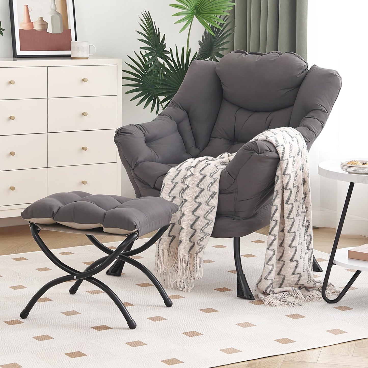Furlide Lazy Chair with Ottoman, Modern Chair with Folding Footrest, Dark Grey Accent Chair, Comfortable Reading Chair, Oversized Armchairs for Bedroom, Study, Living Room, Courtyard