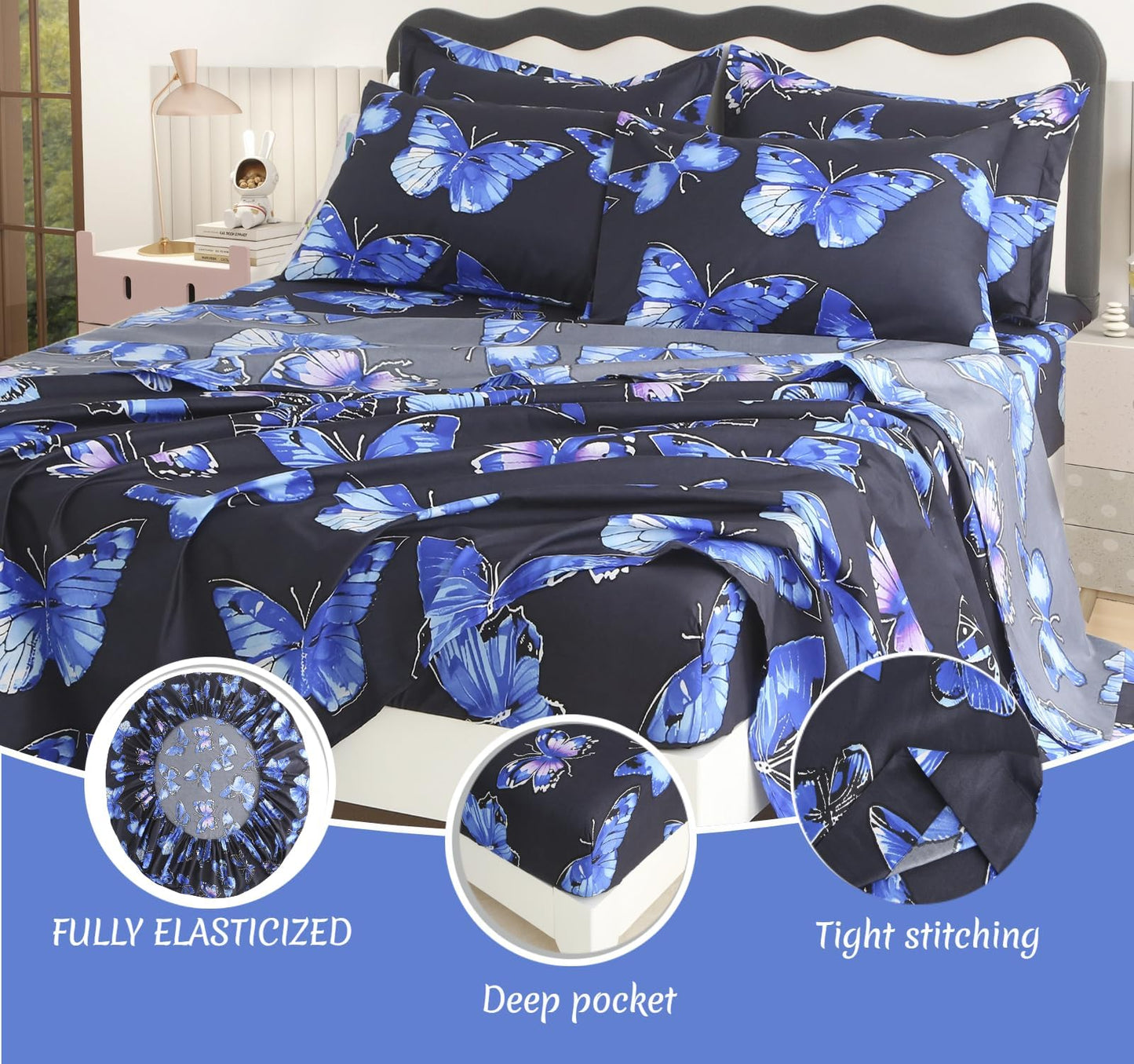 SDY 7PCS Butterfly Bedding Twin Bed in A Bag Twin Girls Boys and Kids with Butterfly Comforter, Flat Sheet, Fitted Sheet and Pillowcases & Shams
