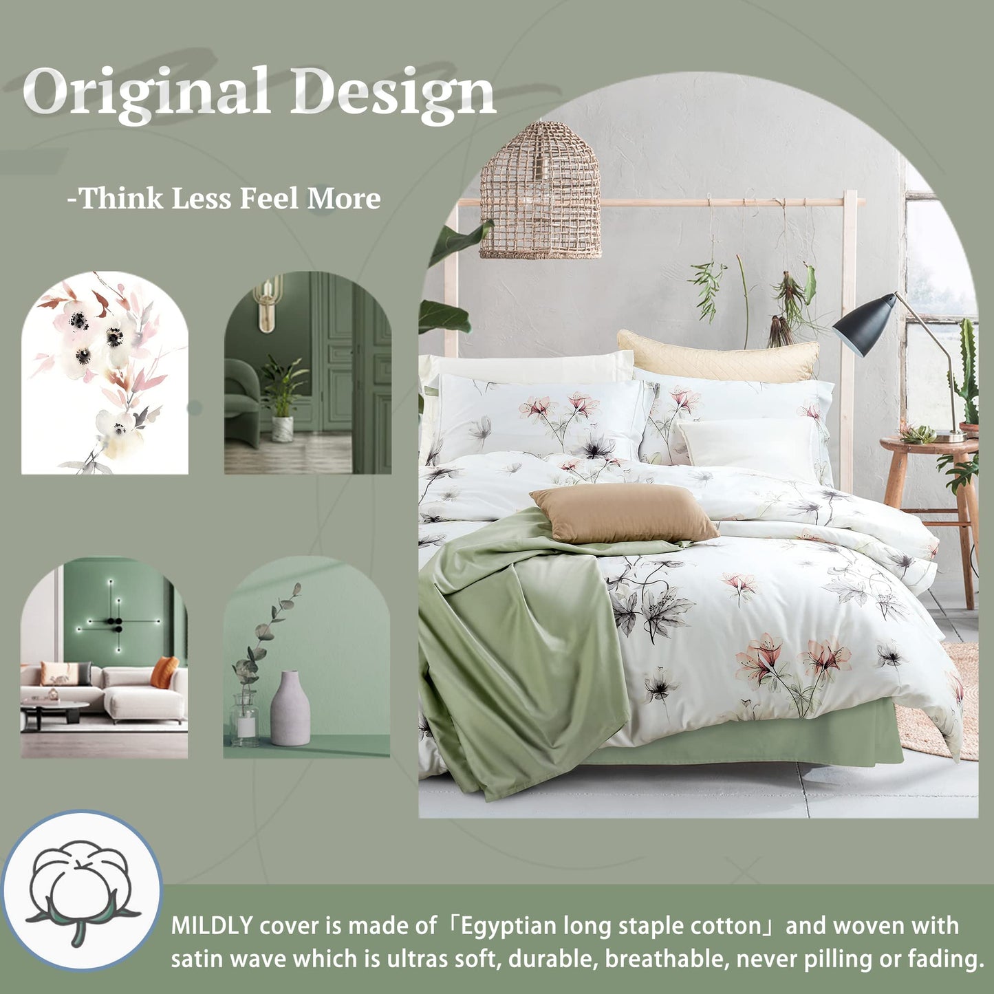 MILDLY 100% Long-Staple Cotton Duvet Cover Set White Green Floral Leaves Pattern Printed Comforter Cover 3pcs, Ultra Soft & Breathable Bedding Set