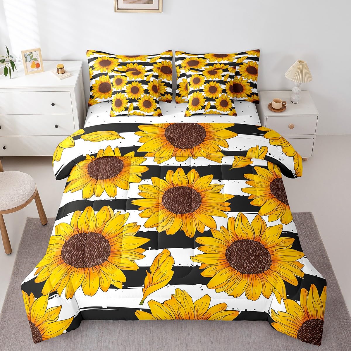 Erosebridal Sunflower 7 Piece Comforter Set Full Bed in a Bag,Yellow Flowers Bedding Sets Black and White Striped Sheet Set with Comforter