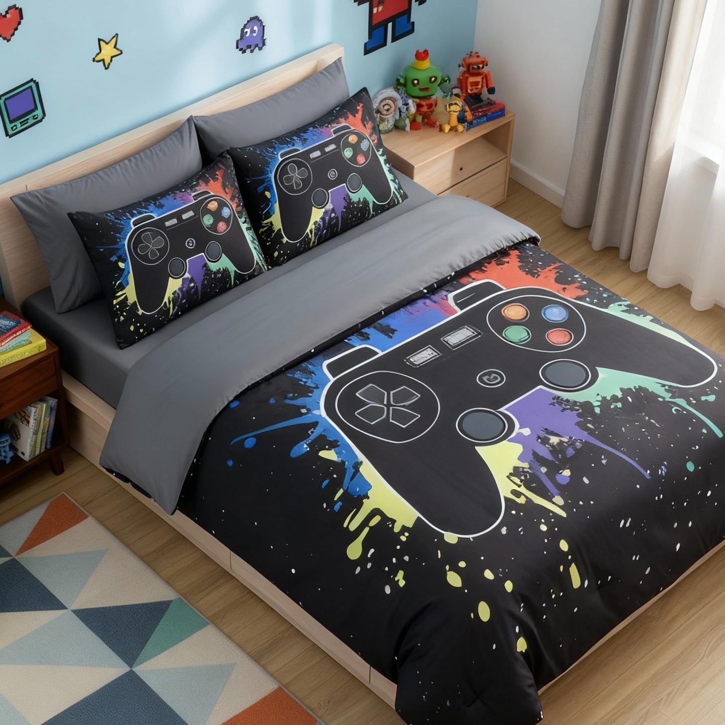 Kaleido Space Twin Comforter Set for Boys, Kids - 5 Pieces Black Gamer Patterns Twin Bedding Sets for Boys Teen, Soft Cozy Bed in A Bag with Sheets