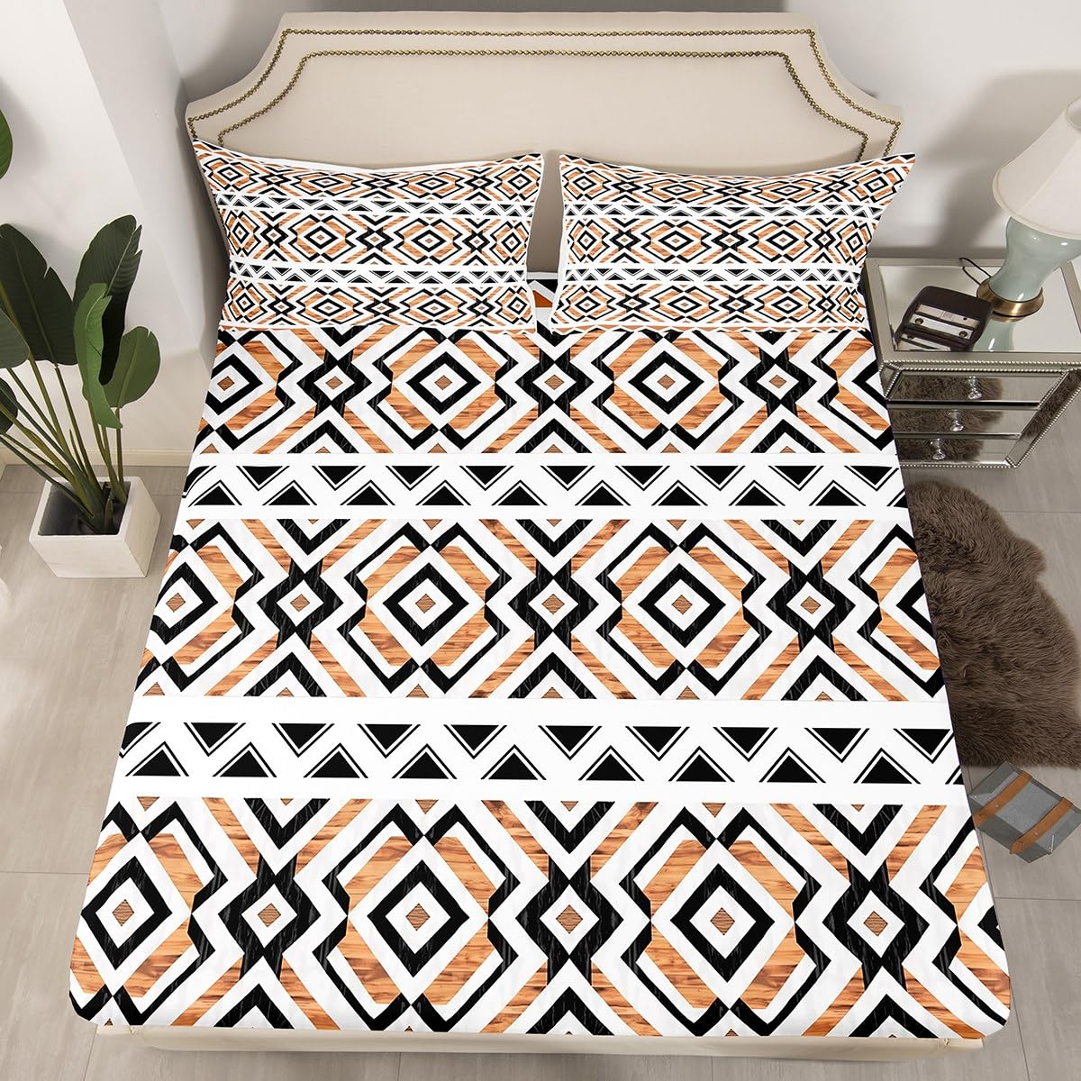 jejeloiu Western Aztec Bed Sheets Set Queen Size Native American Bed Set Ethnic Deep Pocket Fitted Sheet Geometric Breathable Soft Lightweight Microfiber