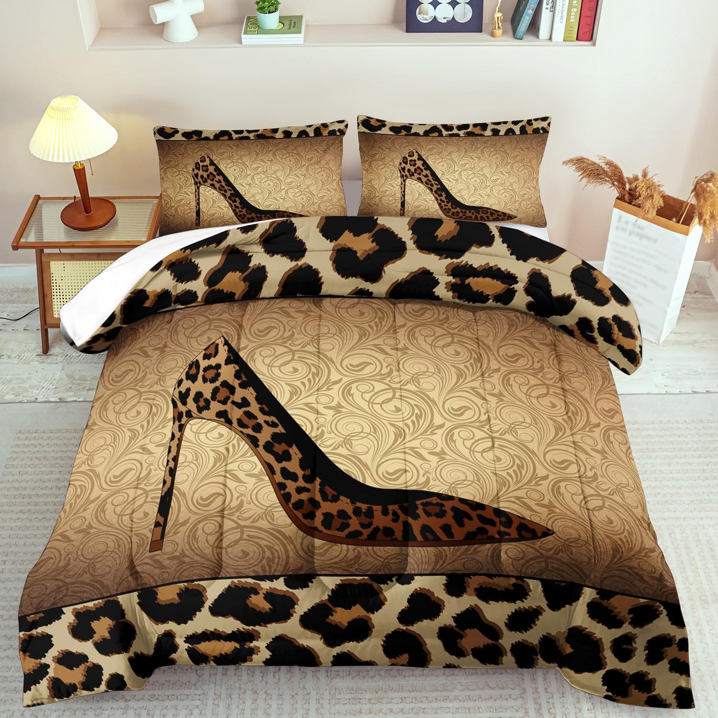 llyxsesty Leopard Comforter Set King Girls,Sexy High Heel Comforter for Women,Leopard Print Bedding Set King Adult,High Heel Quilt Bedroom Decor,African Animal Print Bedding Quilt