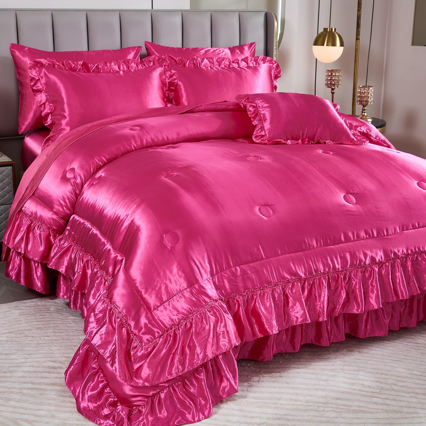 Satin Bed Set King Size,Luxuxy Satin Comforter Set with Sheets,Hot Pink Comforter Set,Silk Like Satin Bedding,8-Piece Ruffle Comforter Bed in a Bag Set, Pink Aesthetic Bedding Set