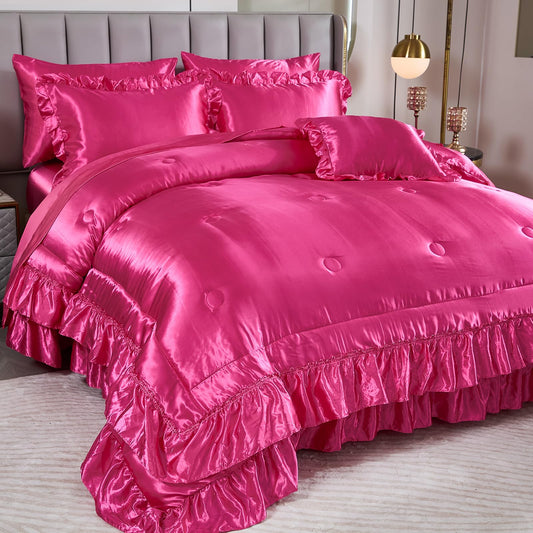 Satin Bed Set King Size,Luxuxy Satin Comforter Set with Sheets,Hot Pink Comforter Set,Silk Like Satin Bedding,8-Piece Ruffle Comforter Bed in a Bag Set, Pink Aesthetic Bedding Set