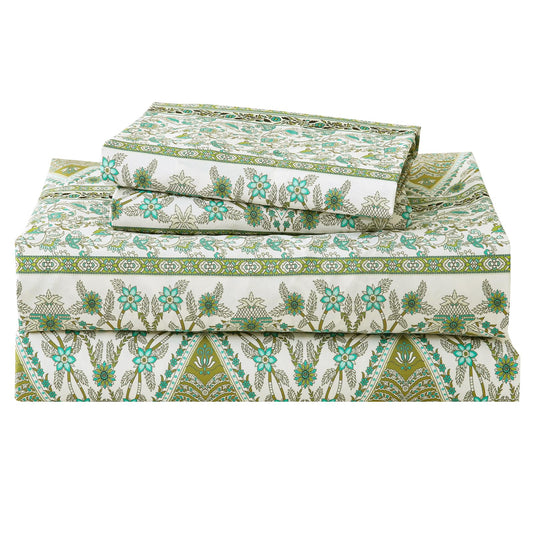 ChicView Queen Size Paisley Printed Sheet Set,4 Pieces Boho Style Breathable Soft Microfiber Bedsheets, Anti Pilling Deep Pockets Easy Care Bed Sheets, Green